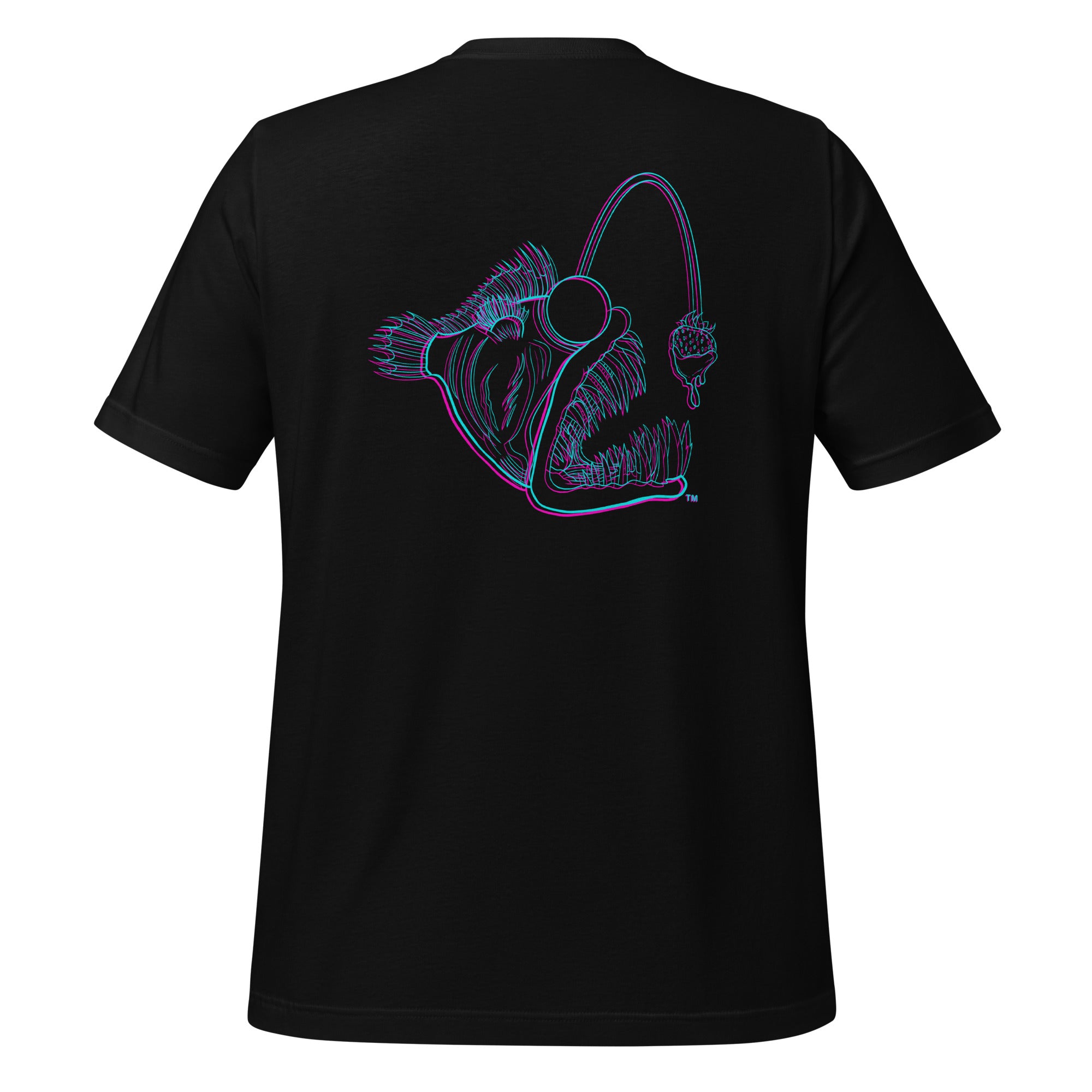 Black unisex T-shirt from The Naughty Angler™ with a striking 3D angler graphic on the back, ideal for outdoor and fishing enthusiasts.