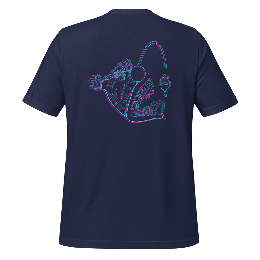 Navy unisex T-shirt from The Naughty Angler™ featuring a bold 3D angler graphic on the back, perfect for boating and coastal adventures.