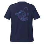 Navy unisex T-shirt from The Naughty Angler™ featuring a bold 3D angler graphic on the back, perfect for boating and coastal adventures.