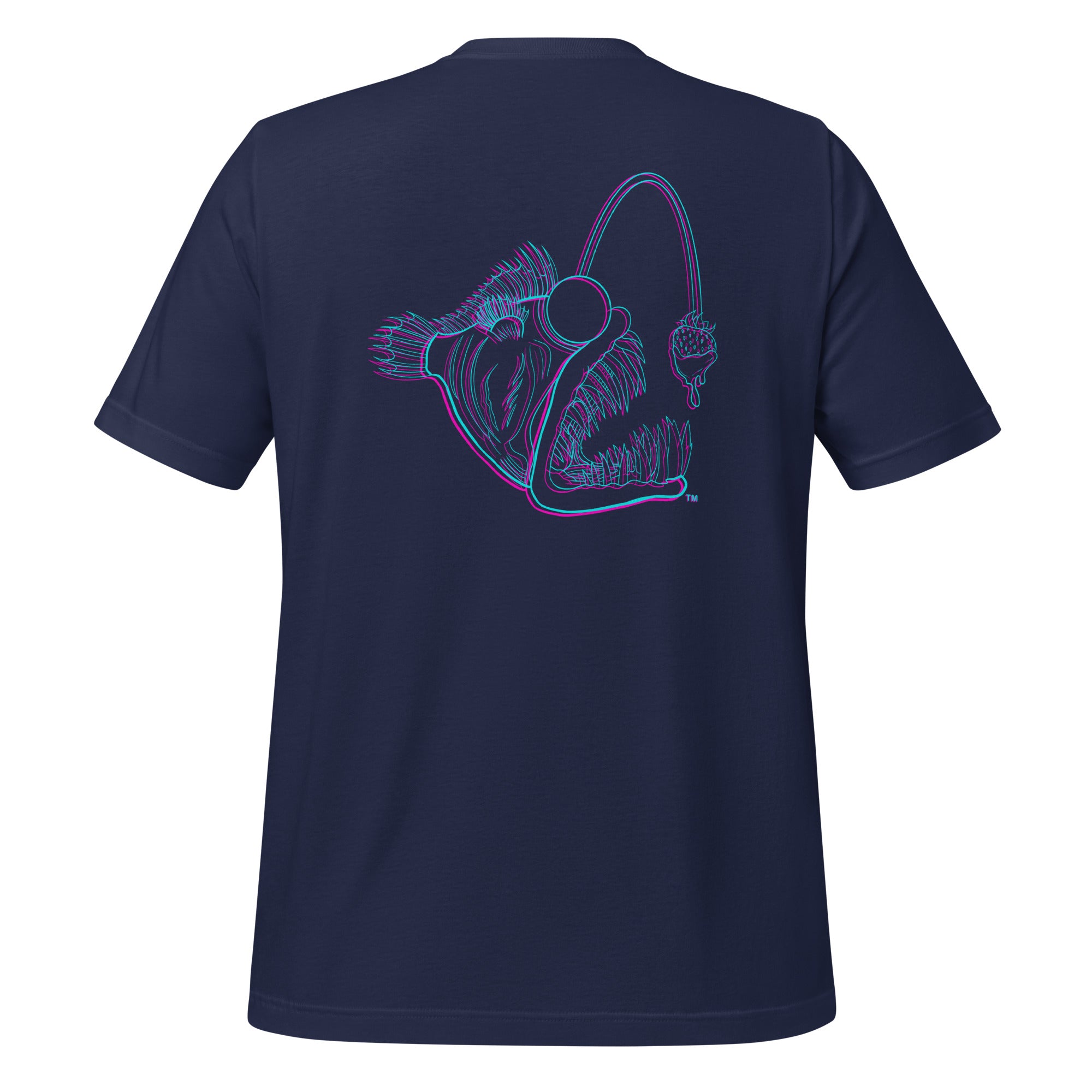 Navy unisex T-shirt from The Naughty Angler™ featuring a bold 3D angler graphic on the back, perfect for boating and coastal adventures.