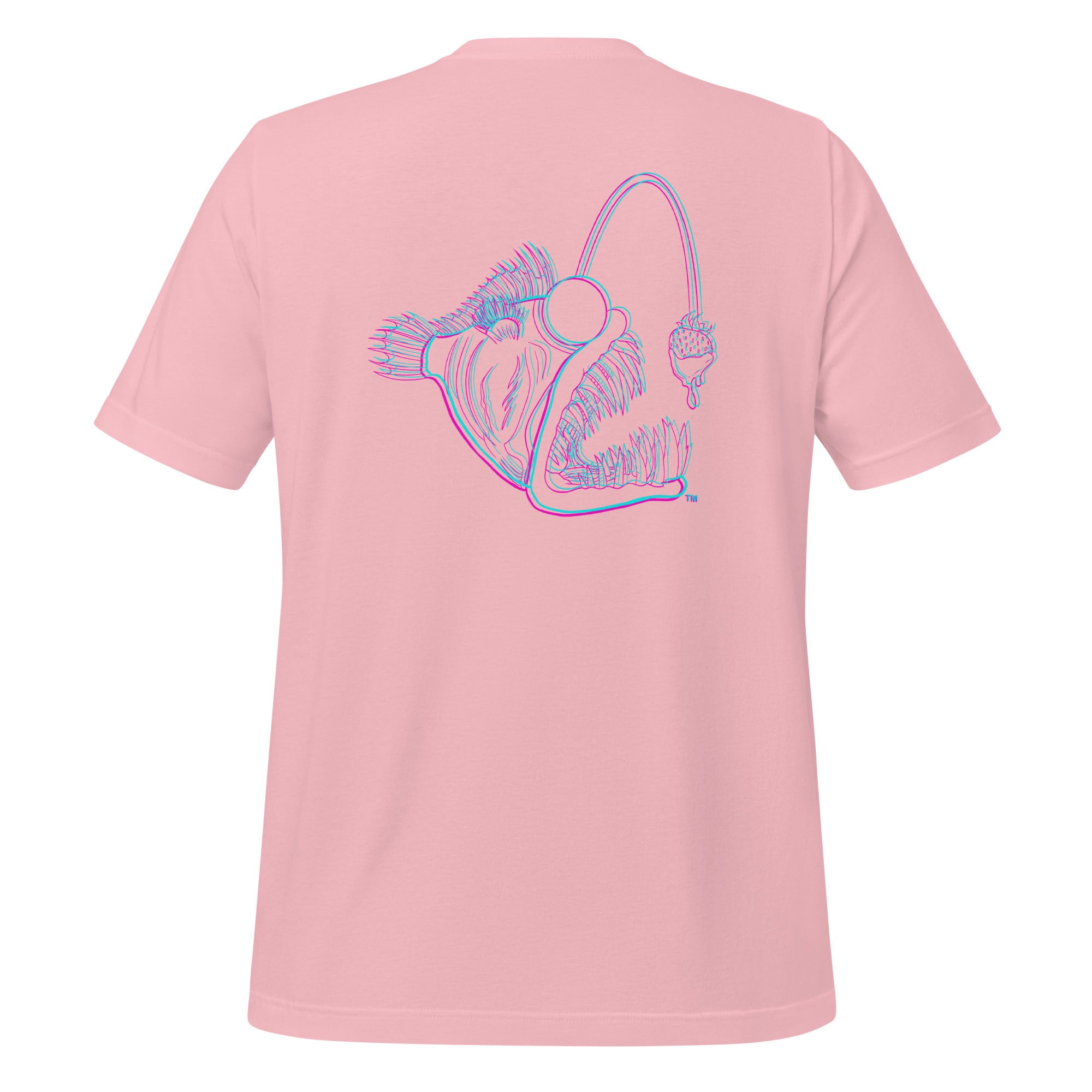 Pink unisex T-shirt from The Naughty Angler™ featuring a vibrant 3D angler design on the back, perfect for nautical and outdoor lifestyles.