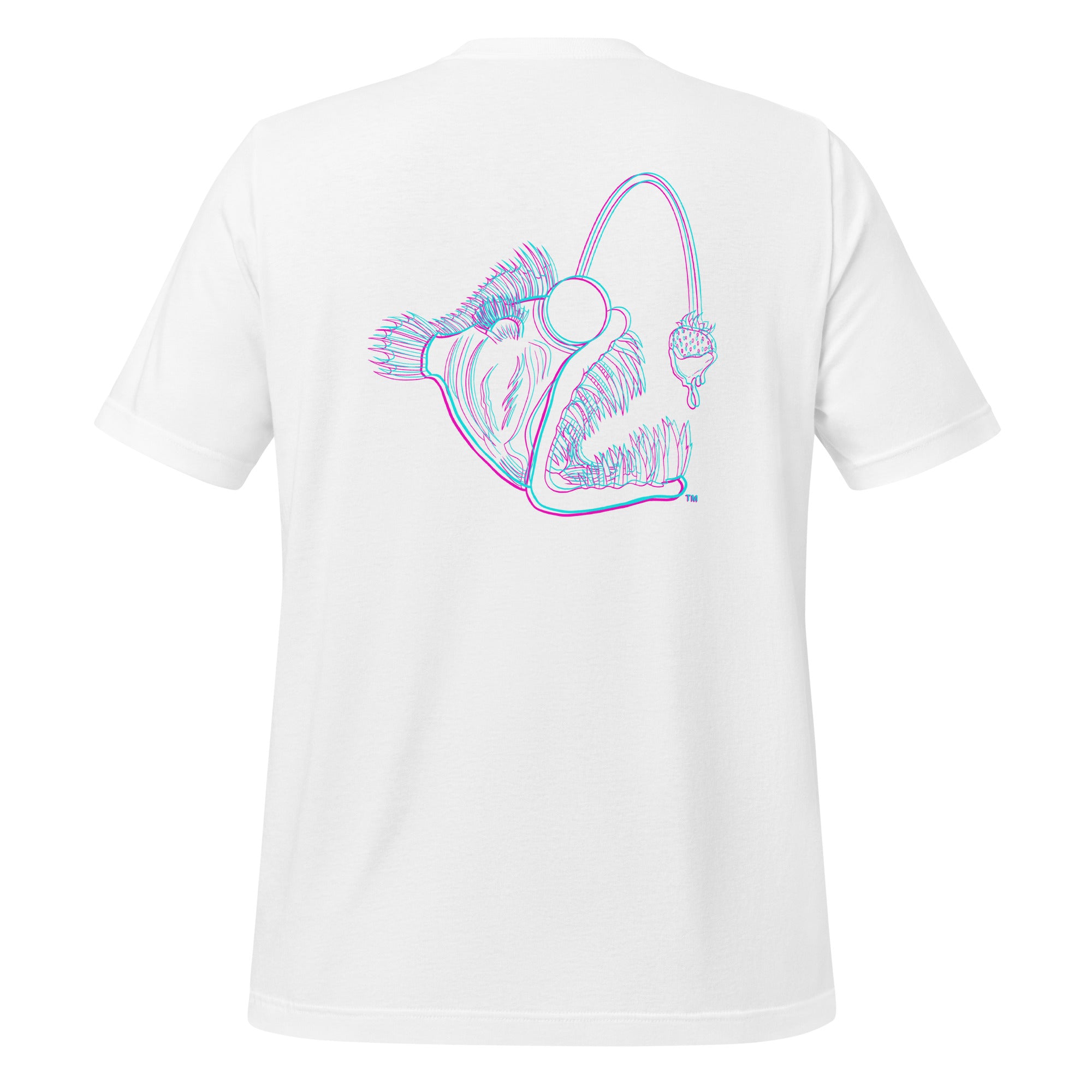 White unisex T-shirt from The Naughty Angler™ showcasing a detailed 3D angler design on the back for a clean nautical look.