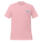 The Naughty Angler™ pink unisex T-shirt with a soft-tone front chest logo, designed for nautical and outdoor adventure lovers.