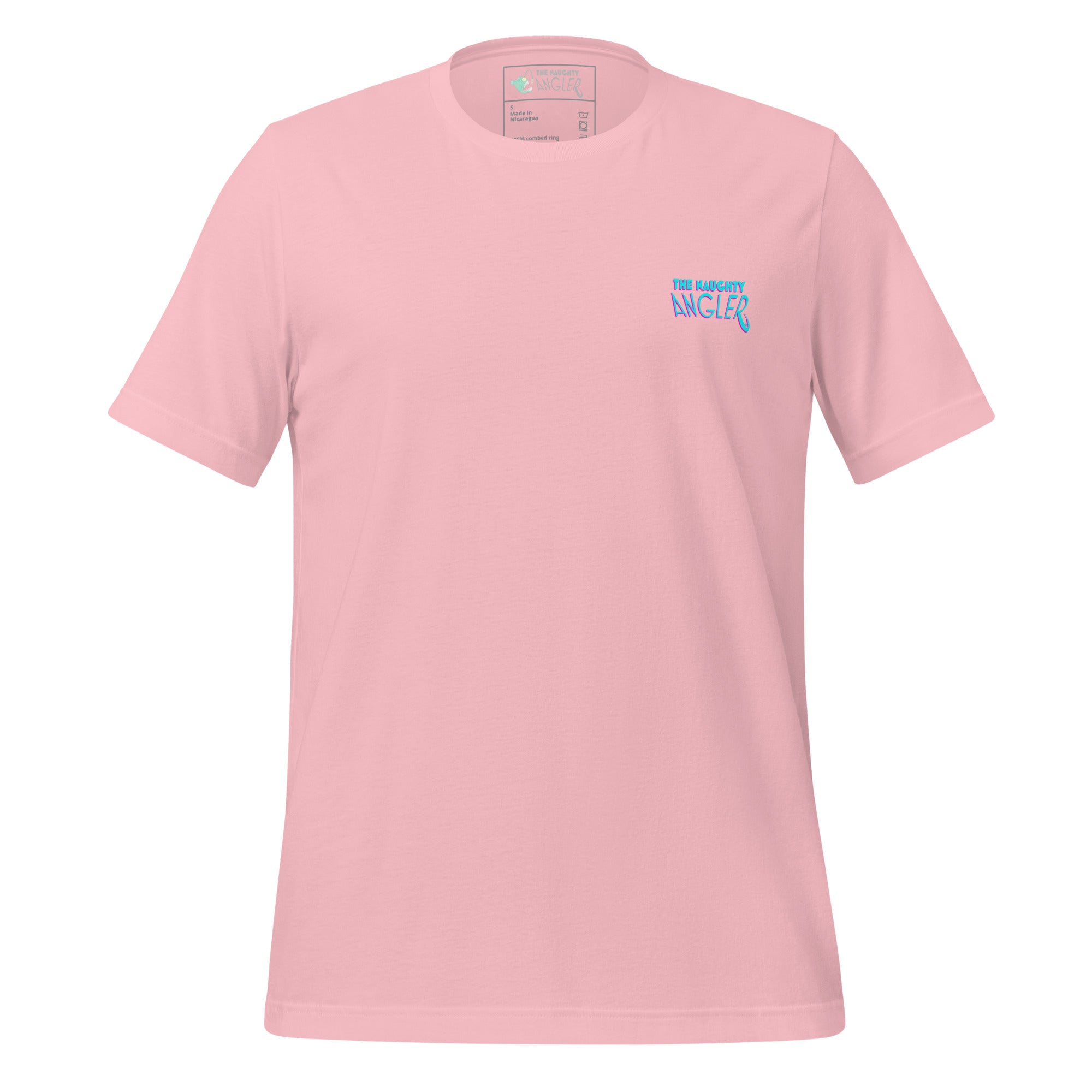 The Naughty Angler™ pink unisex T-shirt with a soft-tone front chest logo, designed for nautical and outdoor adventure lovers.