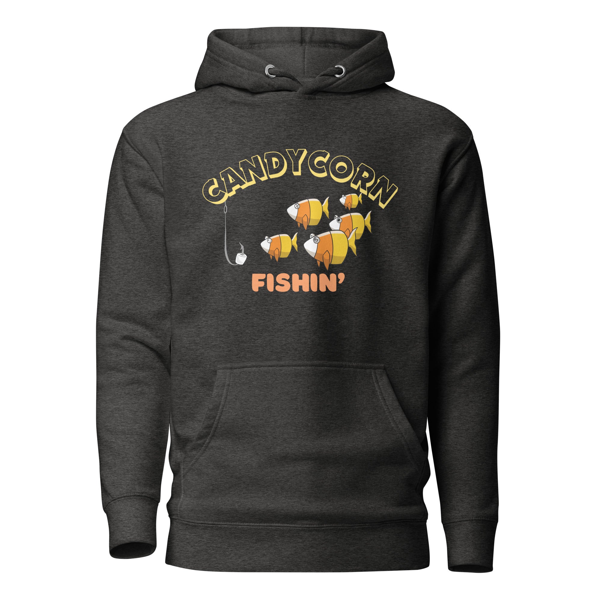 The Naughty Angler™ charcoal heather unisex hoodie displaying in the front “Candy Corn Fishin'” front artwork of a candy-corn style multi-expression fish with a hook in the water, offering a playful nautical look.