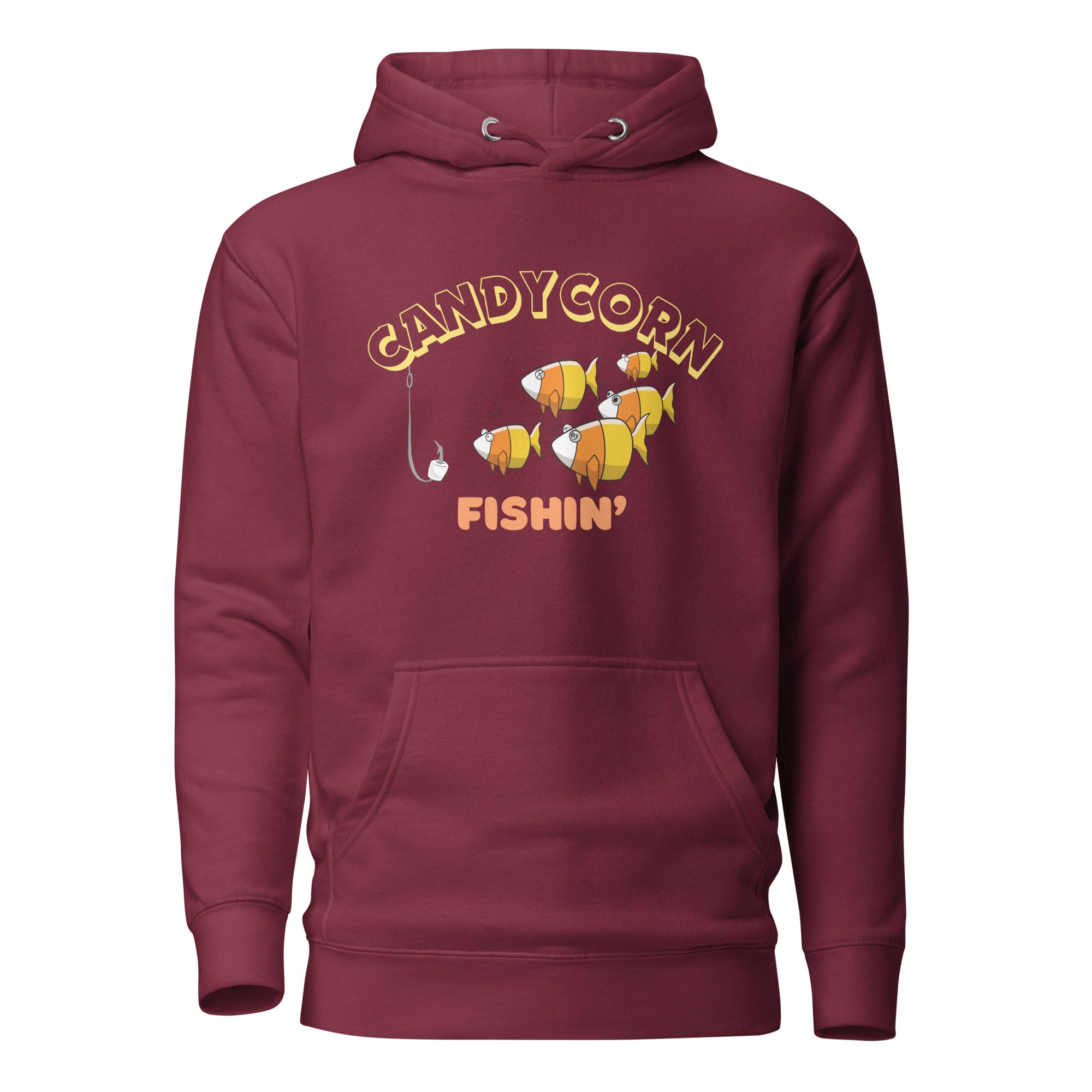 The Naughty Angler™ maroon unisex hoodie featuring the “Candy Corn Fishin'” cartoon graphic — a candy-corn–inspired fish with multiple personality expressions and a hook in the water — ideal for nautical and outdoor lovers.