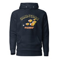 The Naughty Angler™ navy blazer unisex hoodie featuring the “Candy Corn Fishin'” front design, showing a candy-corn–style fish with multiple personalities and a hook in the water in a playful cartoon nautical graphic.