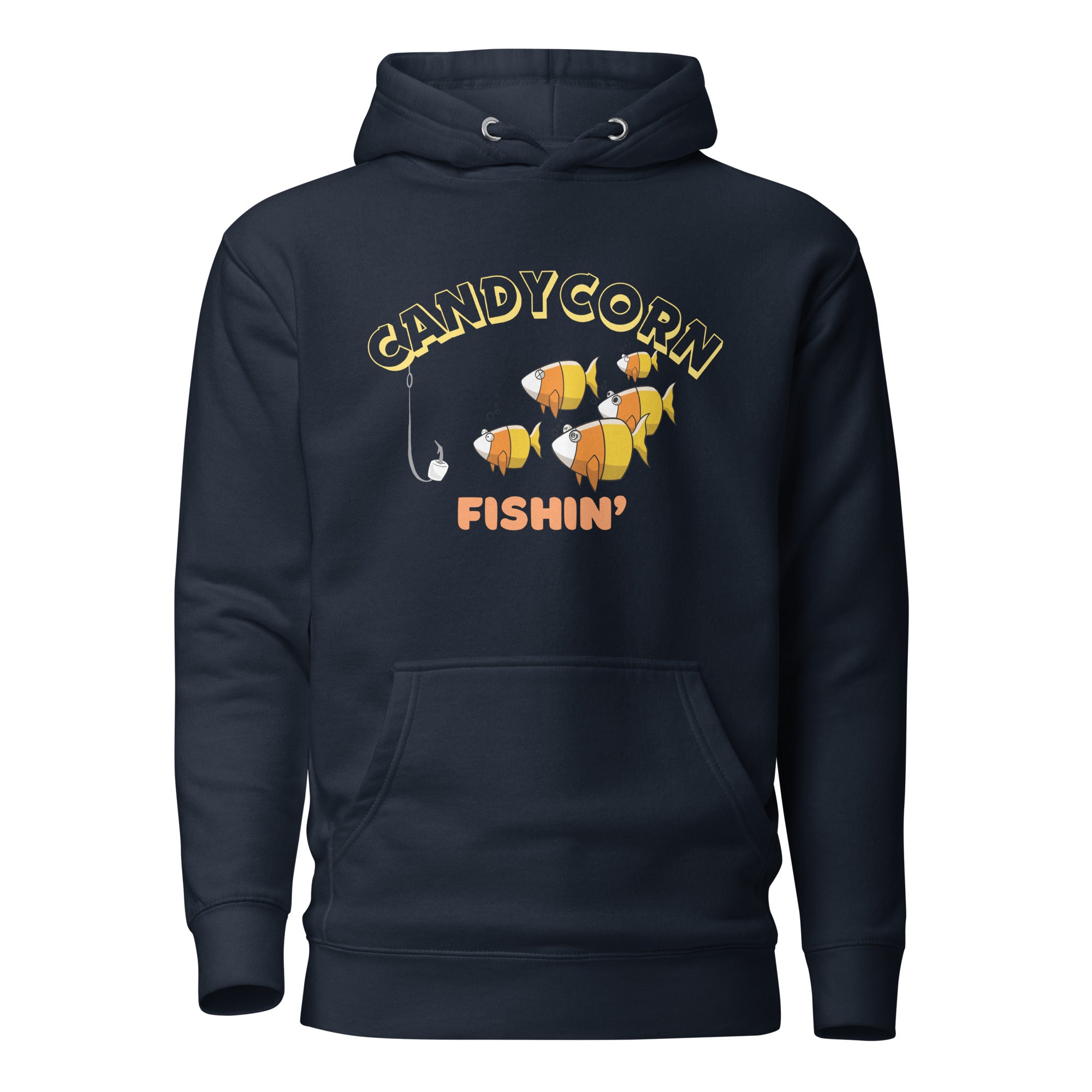 The Naughty Angler™ navy blazer unisex hoodie featuring the “Candy Corn Fishin'” front design, showing a candy-corn–style fish with multiple personalities and a hook in the water in a playful cartoon nautical graphic.