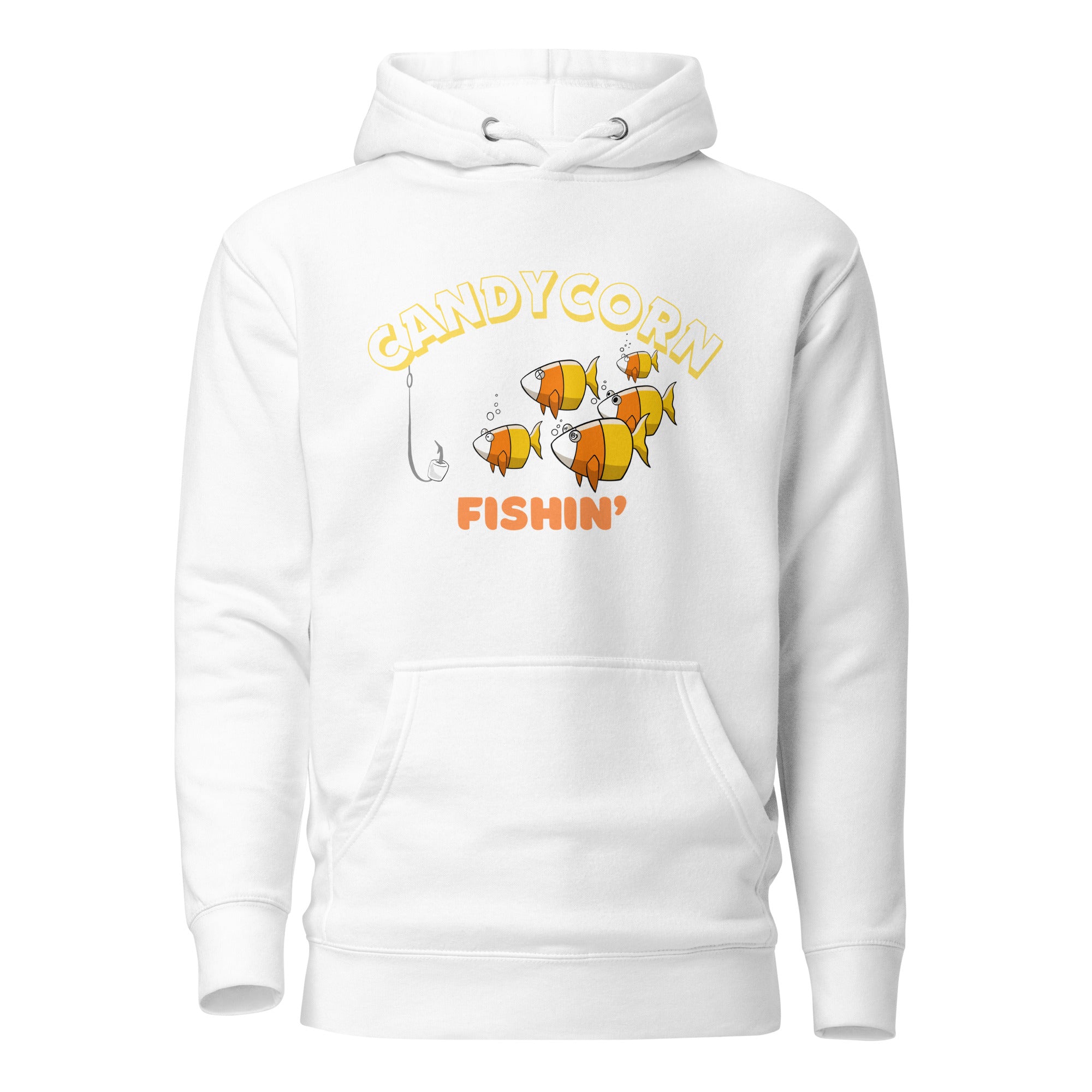 The Naughty Angler™ white unisex hoodie featuring the front- “Candy Corn Fishin'” design with a candy-corn–coloured fish showing multiple personalities and a hook in the water in , perfect for coastal and outdoor enthusiasts.