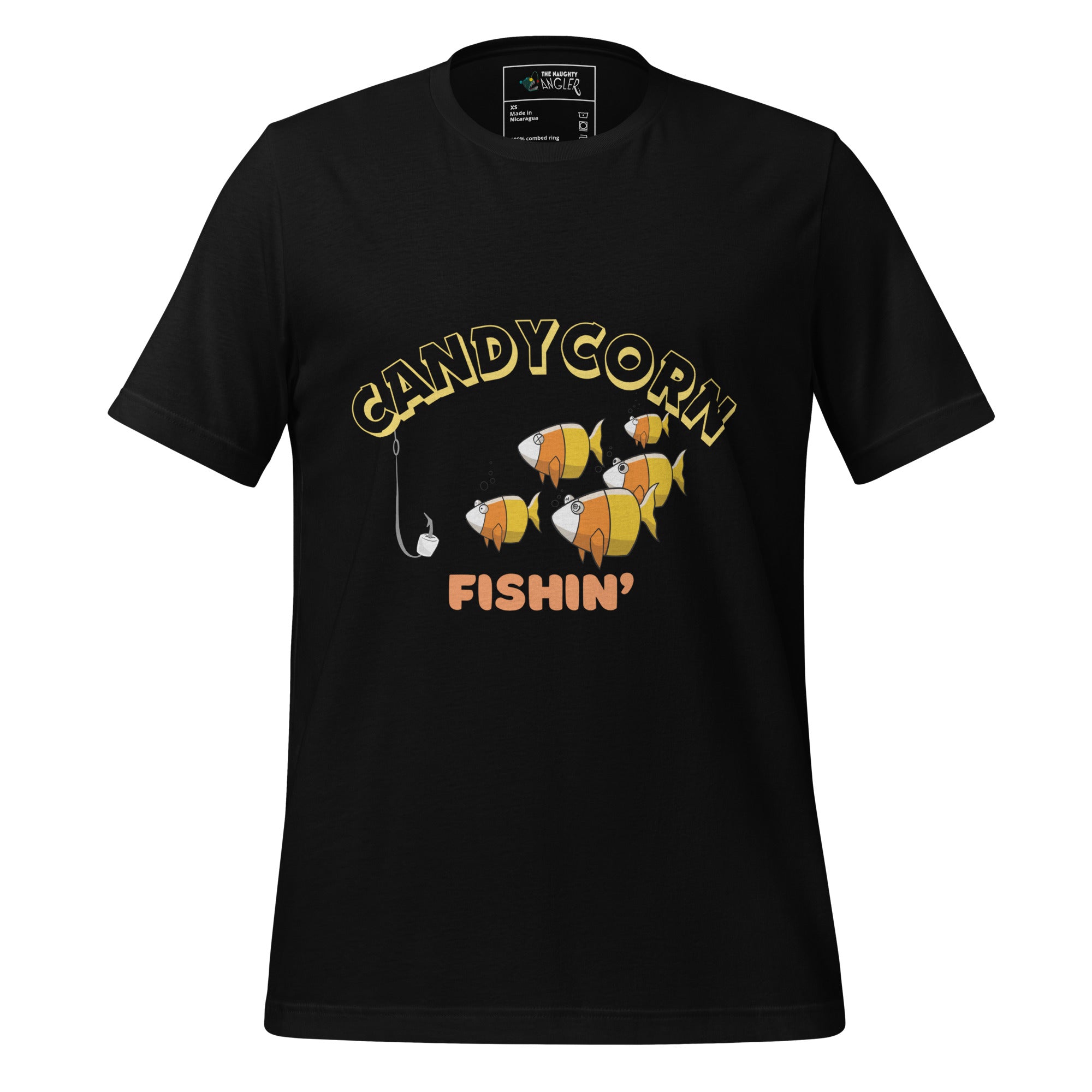 The Naughty Angler™ black unisex T-shirt featuring the “Candy Corn Fishin’” front design, showing a candy-corn–style fish with multiple personalities and a hook in the water in a playful cartoon nautical graphic.