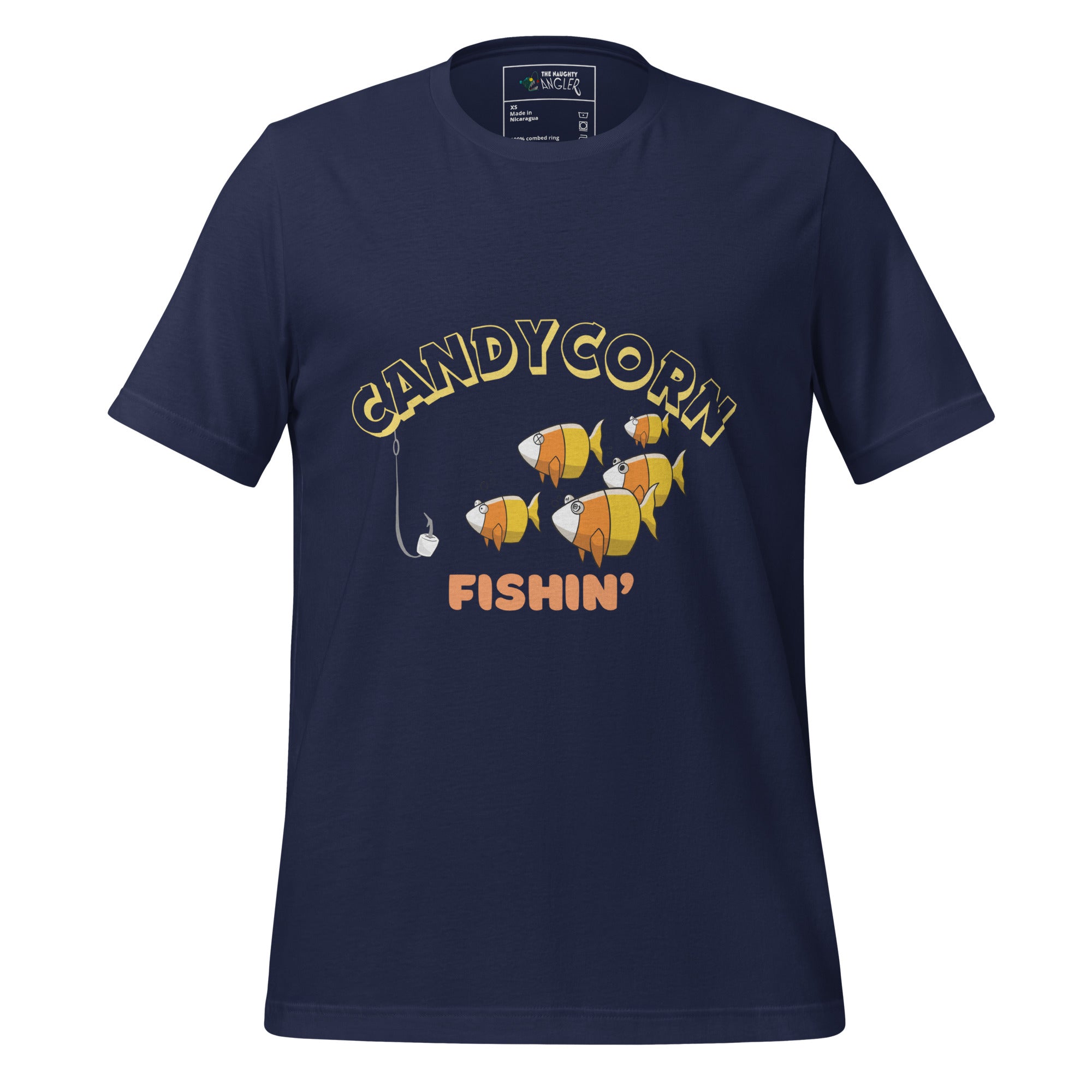 The Naughty Angler™ navy unisex T-shirt featuring the “Candy Corn Fishin’” design showing a candy-corn–styled fish with multiple personalities and a hook in the water, perfect for coastal and outdoor enthusiasts.