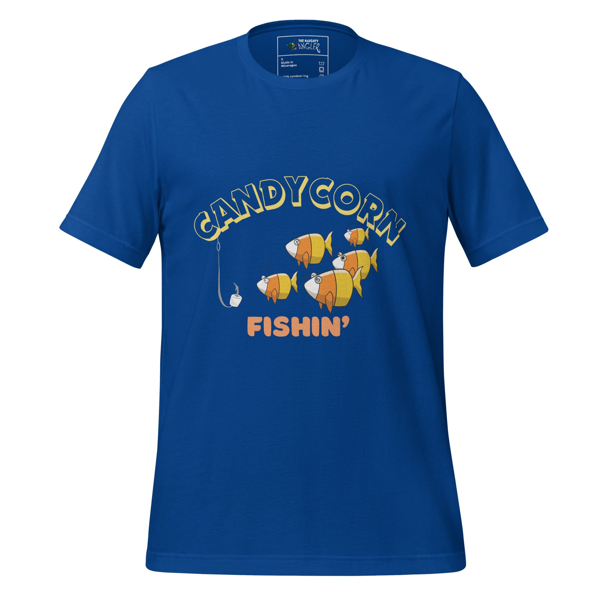 The Naughty Angler™ true royal blue  unisex T-shirt showcasing the “Candy Corn Fishin’” design with a multi-expression candy-corn fish and a hook in the water, perfect for fun coastal and outdoor adventure wear.