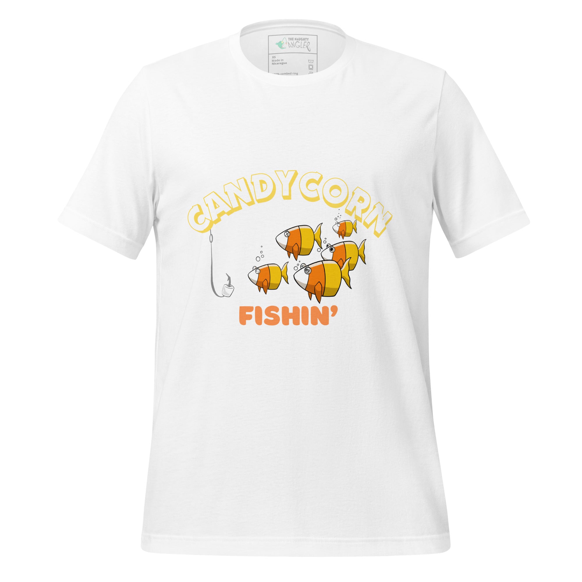 The Naughty Angler™ white unisex T-shirt featuring the “Candy Corn Fishin’” cartoon graphic — a candy-corn–coloured fish with multiple personality expressions and a hook in the water — ideal for nautical and outdoor lovers.