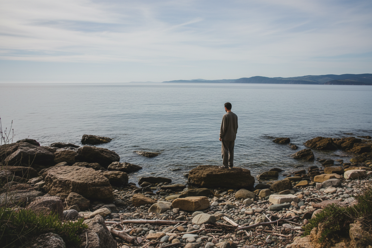 A person standing on a rocky shoreline looking at the water