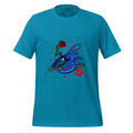 The Naughty Angler™ aqua unisex T-shirt showcasing the “Always Your Lobster” front design, featuring a blue lobster with a rose in its mouth, lips on the side, and “XOXO” lettering for a fun ocean-inspired look.