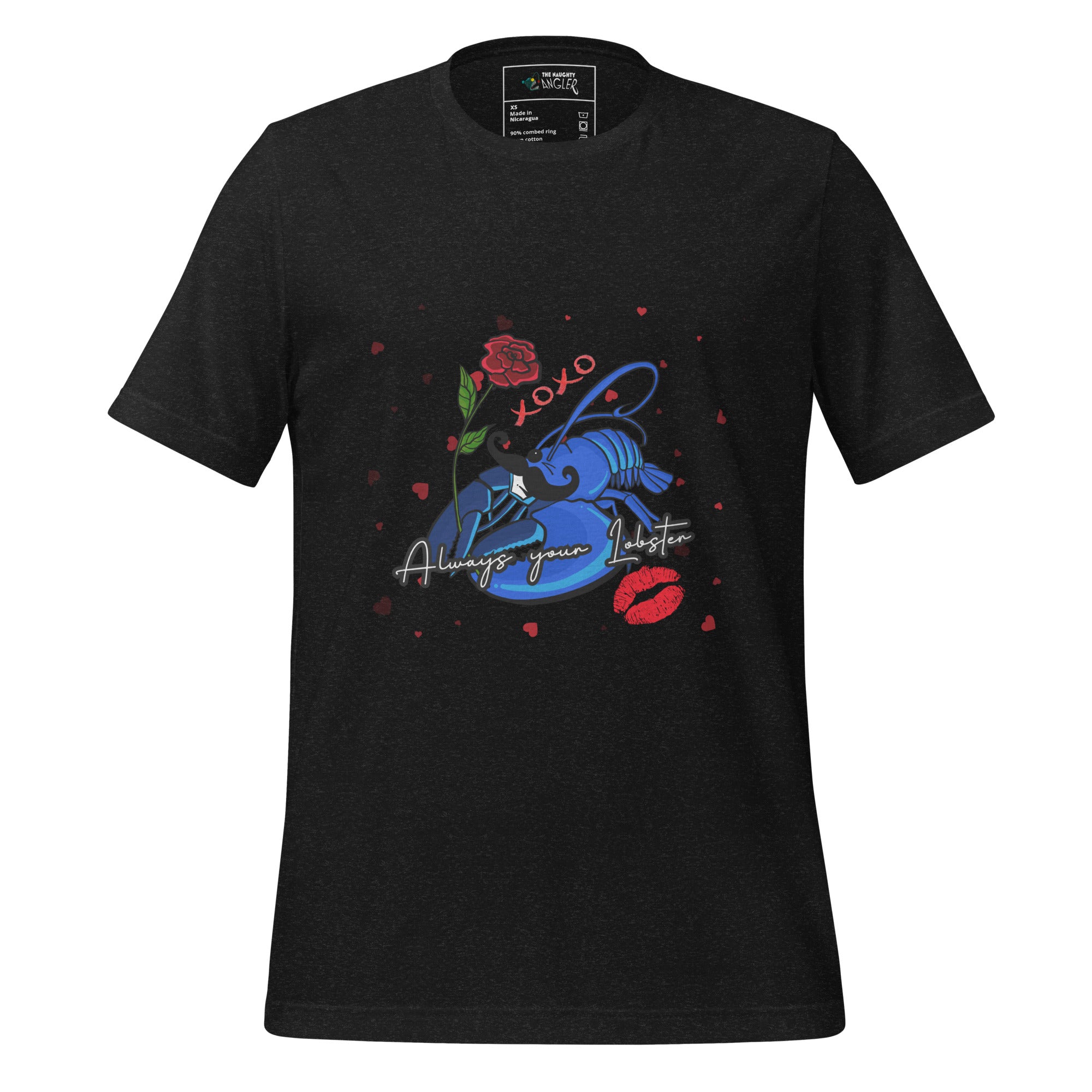 The Naughty Angler™ black heather unisex T-shirt featuring the “Always Your Lobster” design, showing a blue lobster holding a rose in its mouth with lips and “XOXO” accents — a playful coastal and romantic nautical graphic.