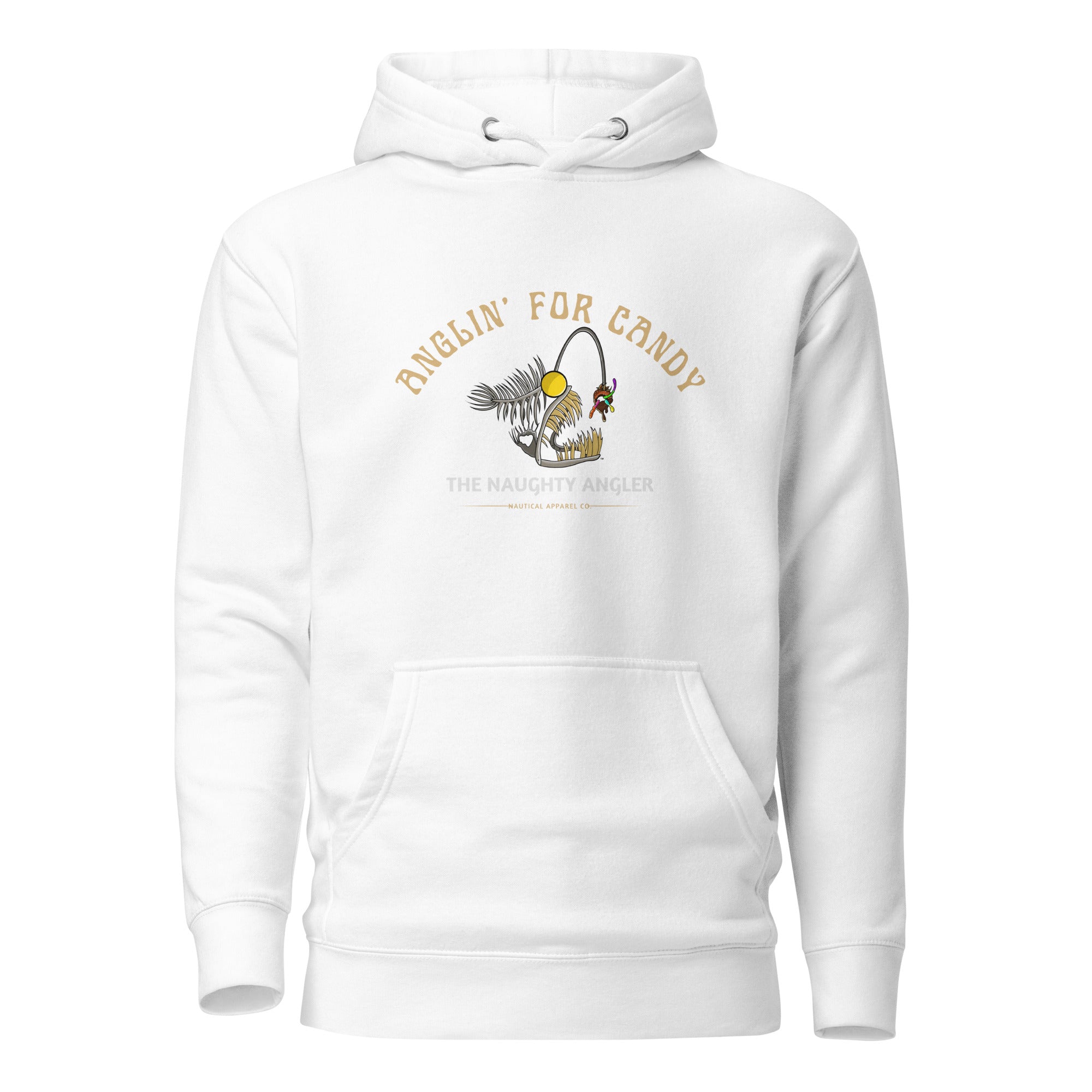 The Naughty Angler™ white unisex hoodie featuring the “Anglin’ for Candy” design, highlighting an angler-fish skeleton with candy worms in its mouth, perfect for coastal and outdoor enthusiasts.