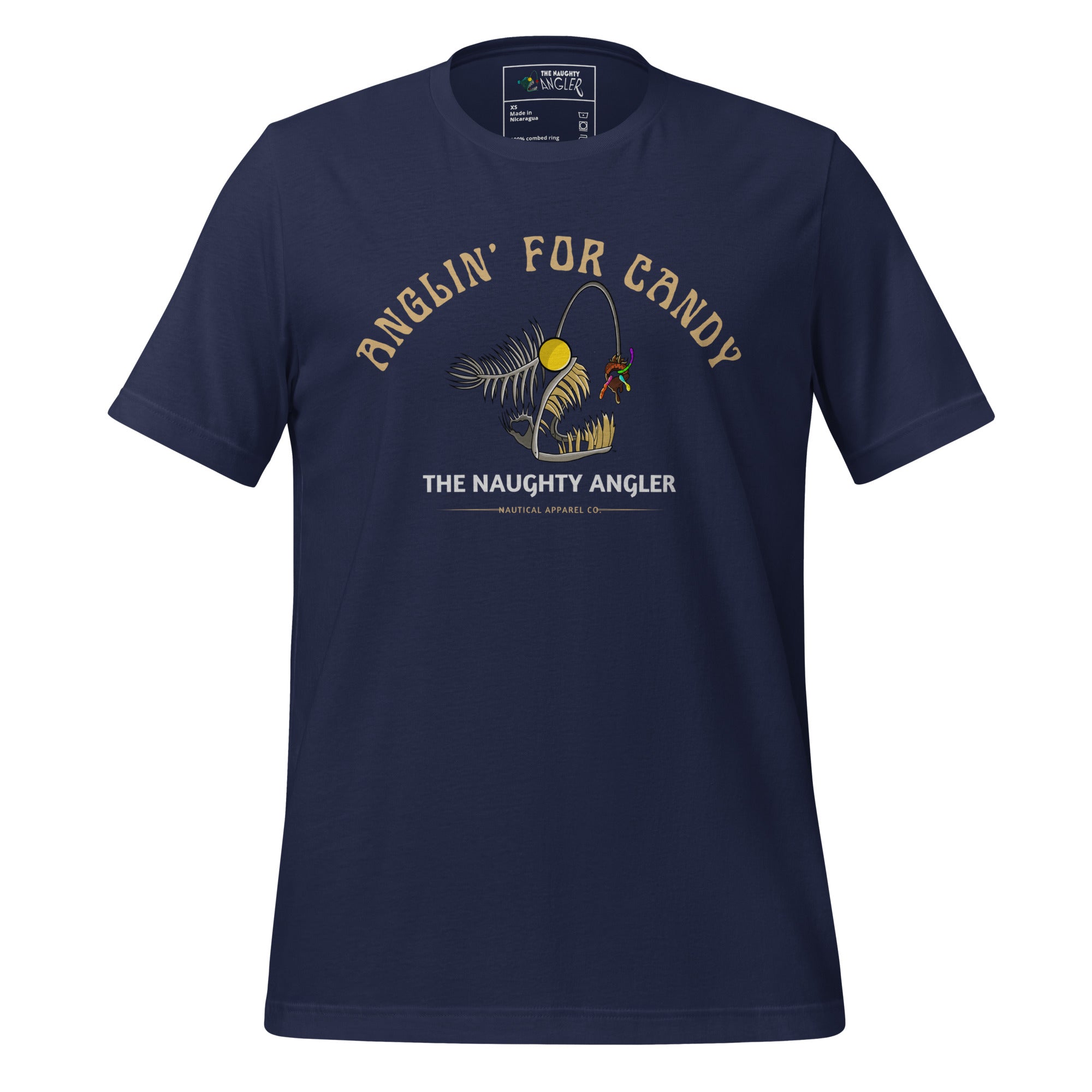The Naughty Angler™ navy unisex T-shirt showcasing the “Anglin’ for Candy” design with an angler-fish skeleton holding candy worms in its mouth, ideal for coastal, boating, and nautical lifestyle fans.