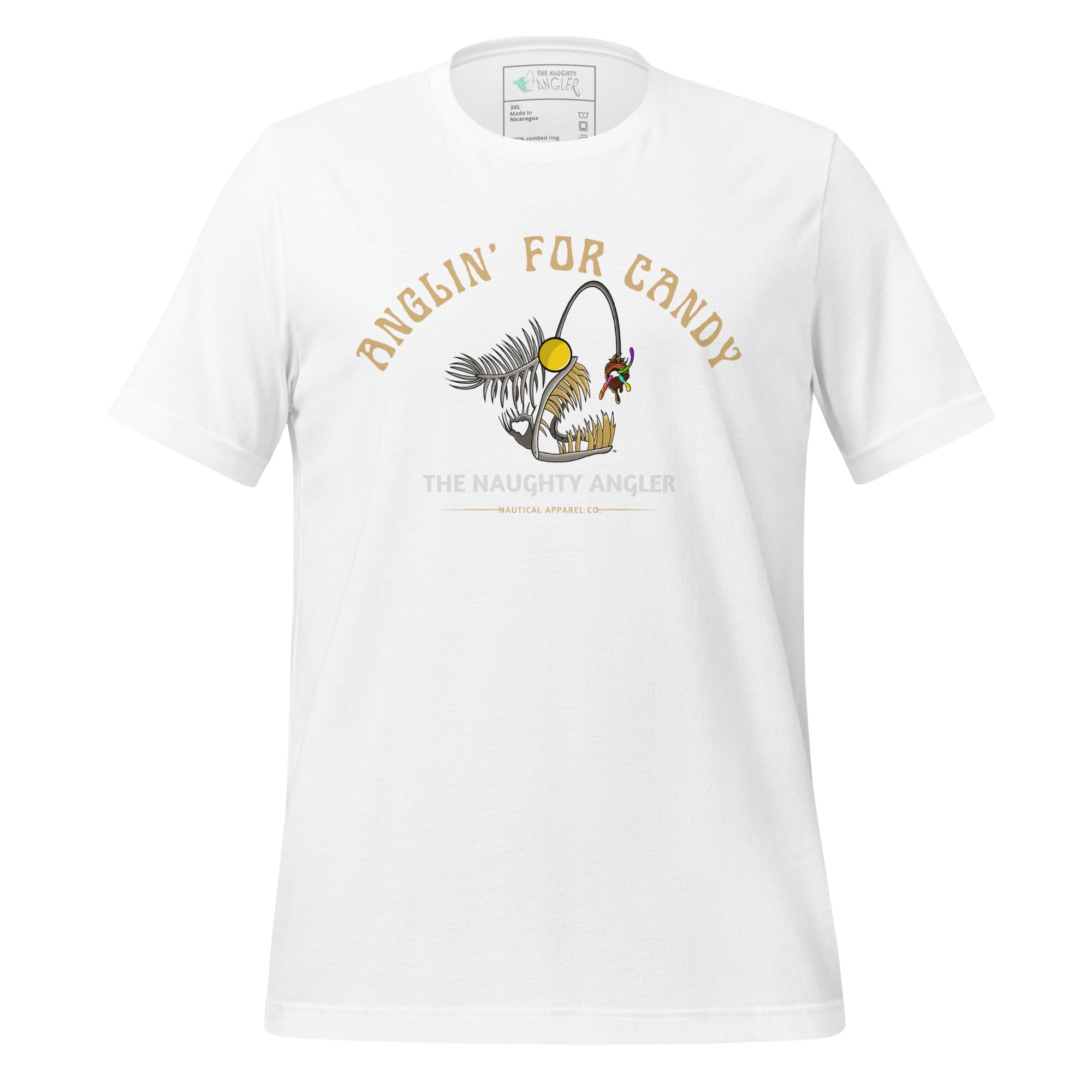 The Naughty Angler™ white unisex T-shirt with the “Anglin’ for Candy” design, displaying a clean, detailed angler-fish skeleton holding candy worms in its mouth — perfect for beachgoers and outdoor enthusiasts.