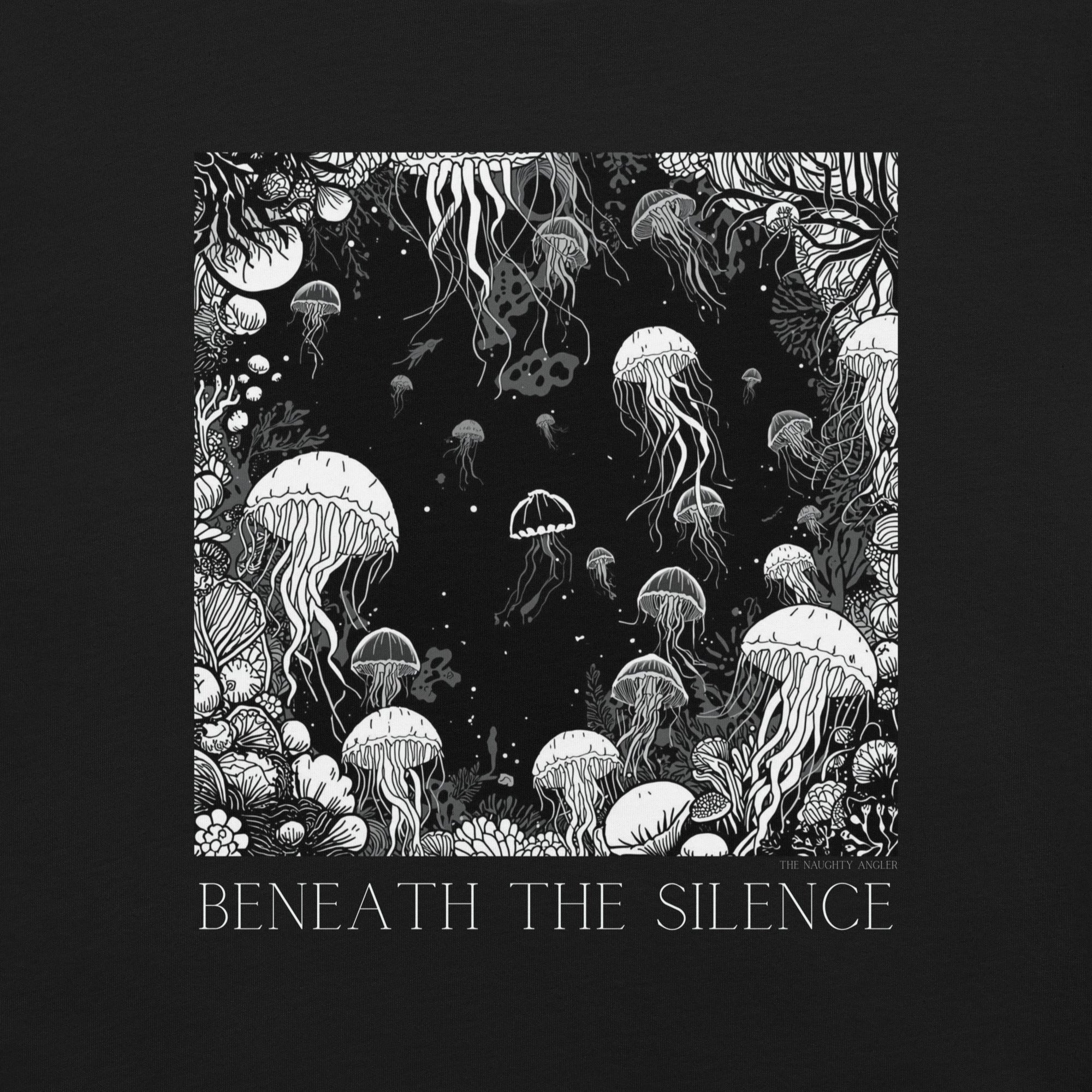 Close-up of monochrome underwater jellyfish artwork on a black unisex nautical graphic t-shirt
