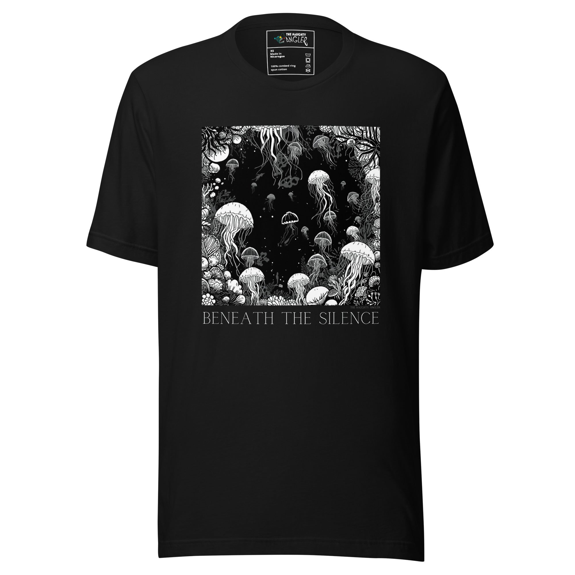 Front view of a black unisex nautical graphic t-shirt featuring a monochrome underwater jellyfish design
