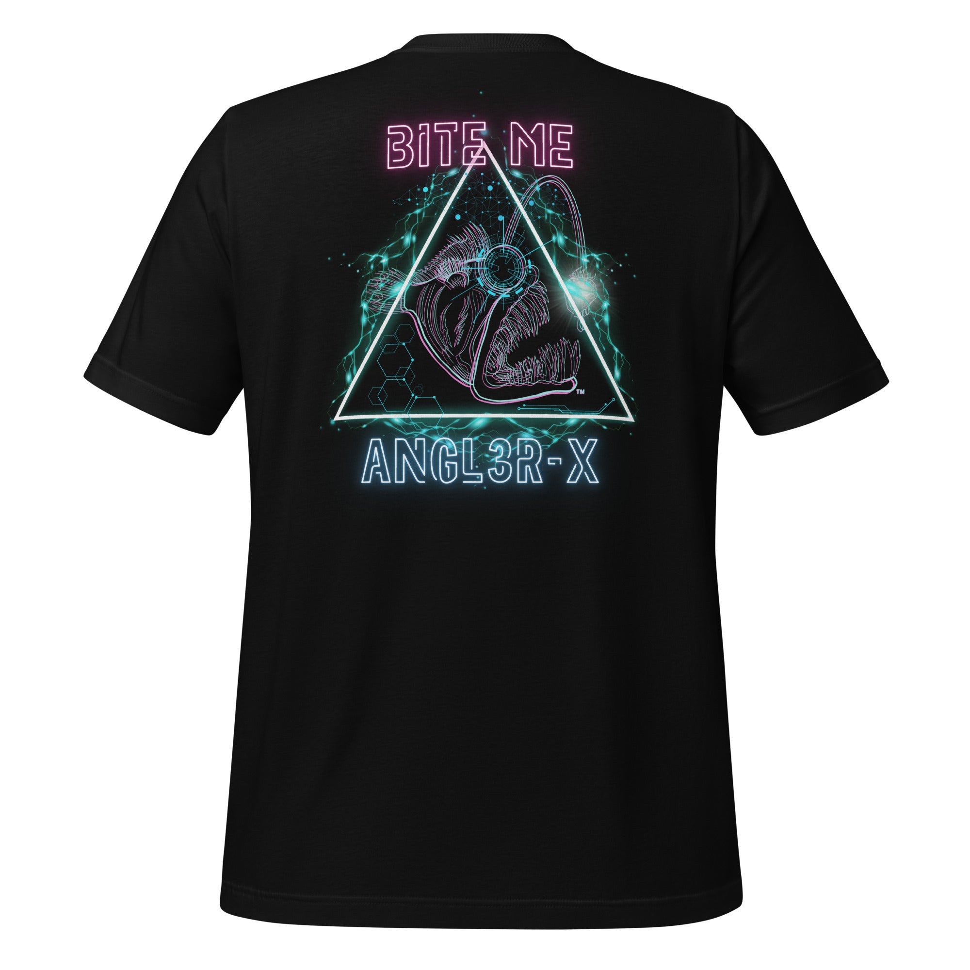 Black “BITE ME ANGL3R-X” unisex T-shirt from The Naughty Angler™ showcasing a cyber-style angler-fish artwork in vibrant pink, blue, and green neon tones — a bold futuristic nautical graphic.