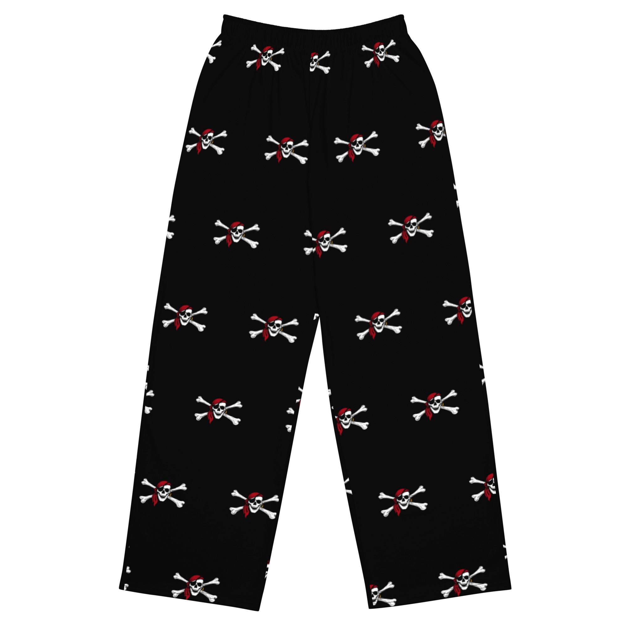 Wide-leg unisex lounge pants with front and back pirate skull design front design.