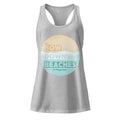 The Naughty Angler™ heather gray women’s fitted racerback tank top featuring the “Bow Down Beaches” circular wave design, with bold letters spaced around the wave tones for a fun beach-inspired look.