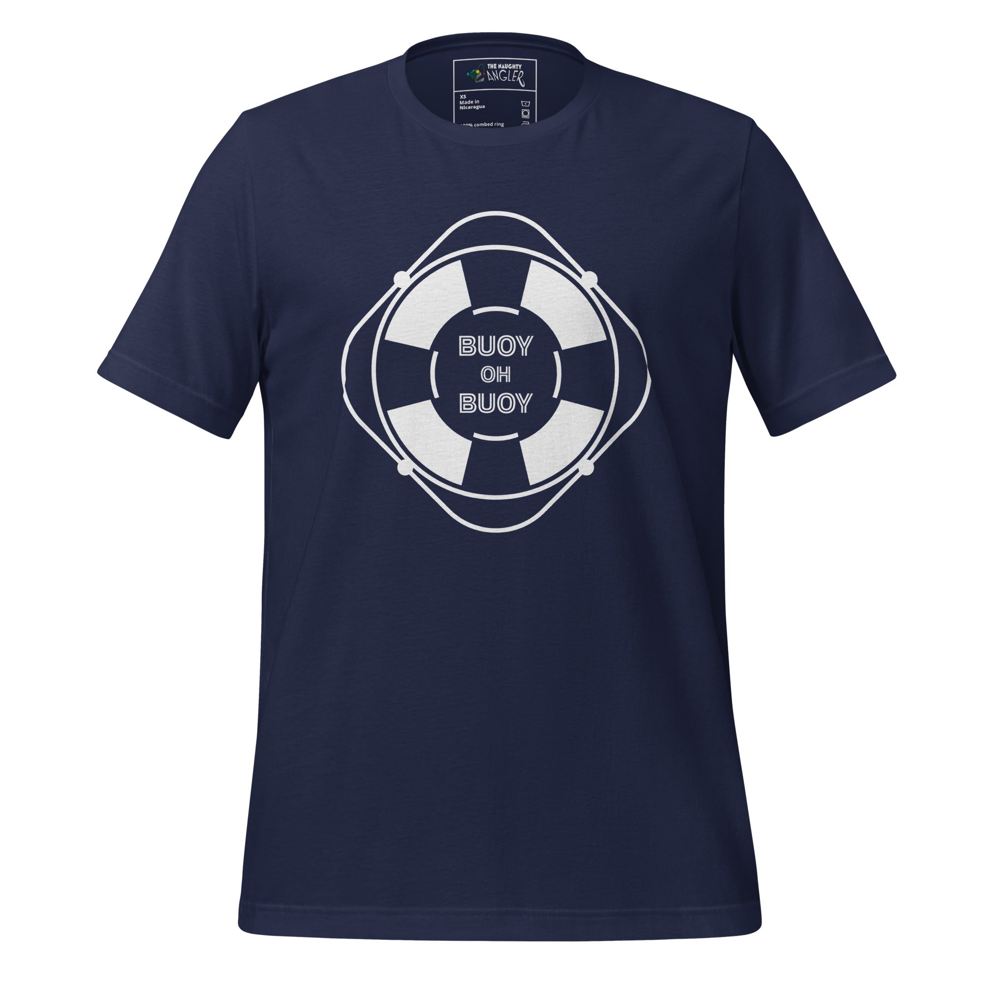 The Naughty Angler™ navy unisex T-shirt showcasing the “Buoy OH Buoy” buoy graphic with the phrase centered on the front, offering a classic ocean-inspired nautical look.