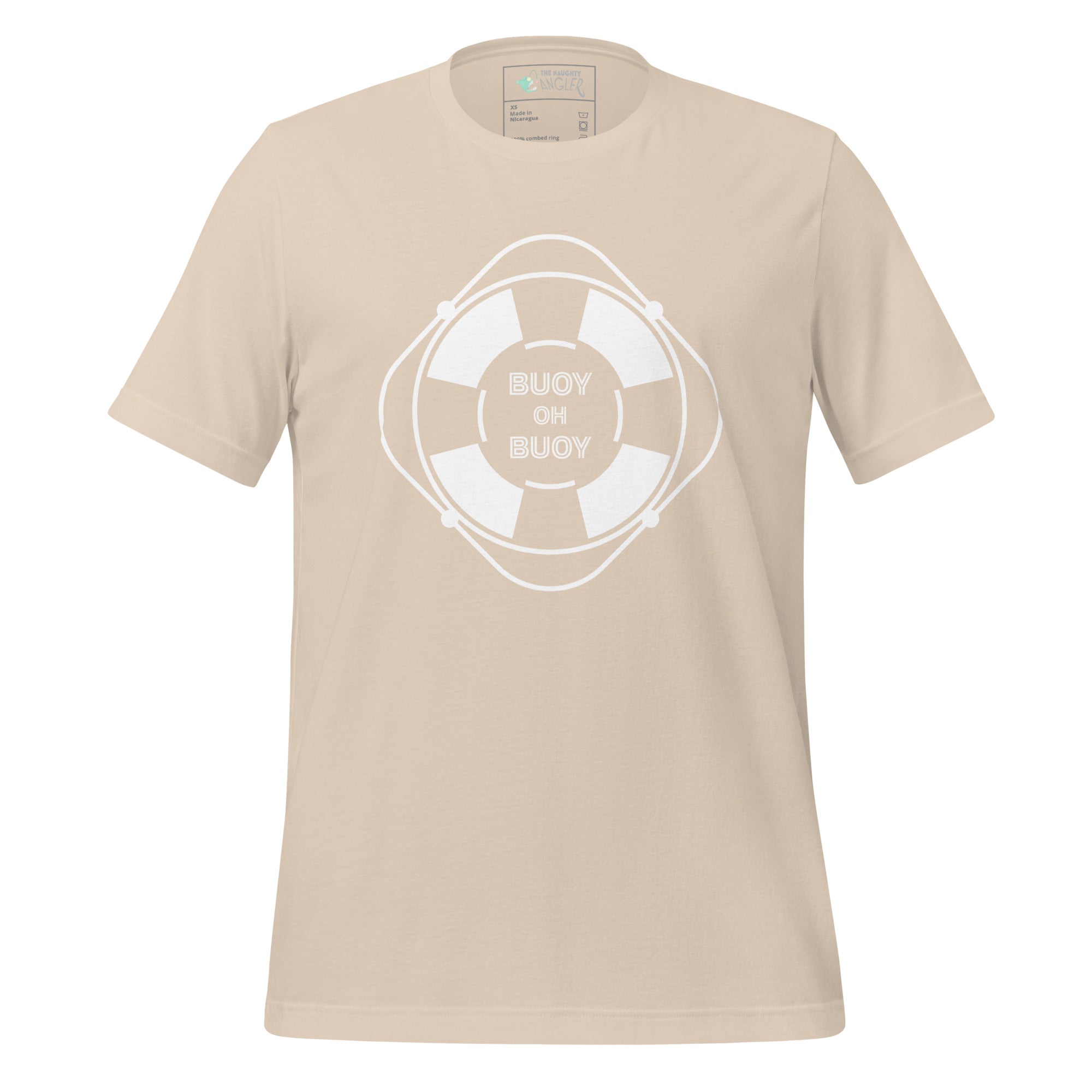 The Naughty Angler™  soft cream unisex T-shirt featuring the “Buoy OH Buoy” front buoy graphic and centered bold text, perfect for relaxed coastal and outdoor wear.