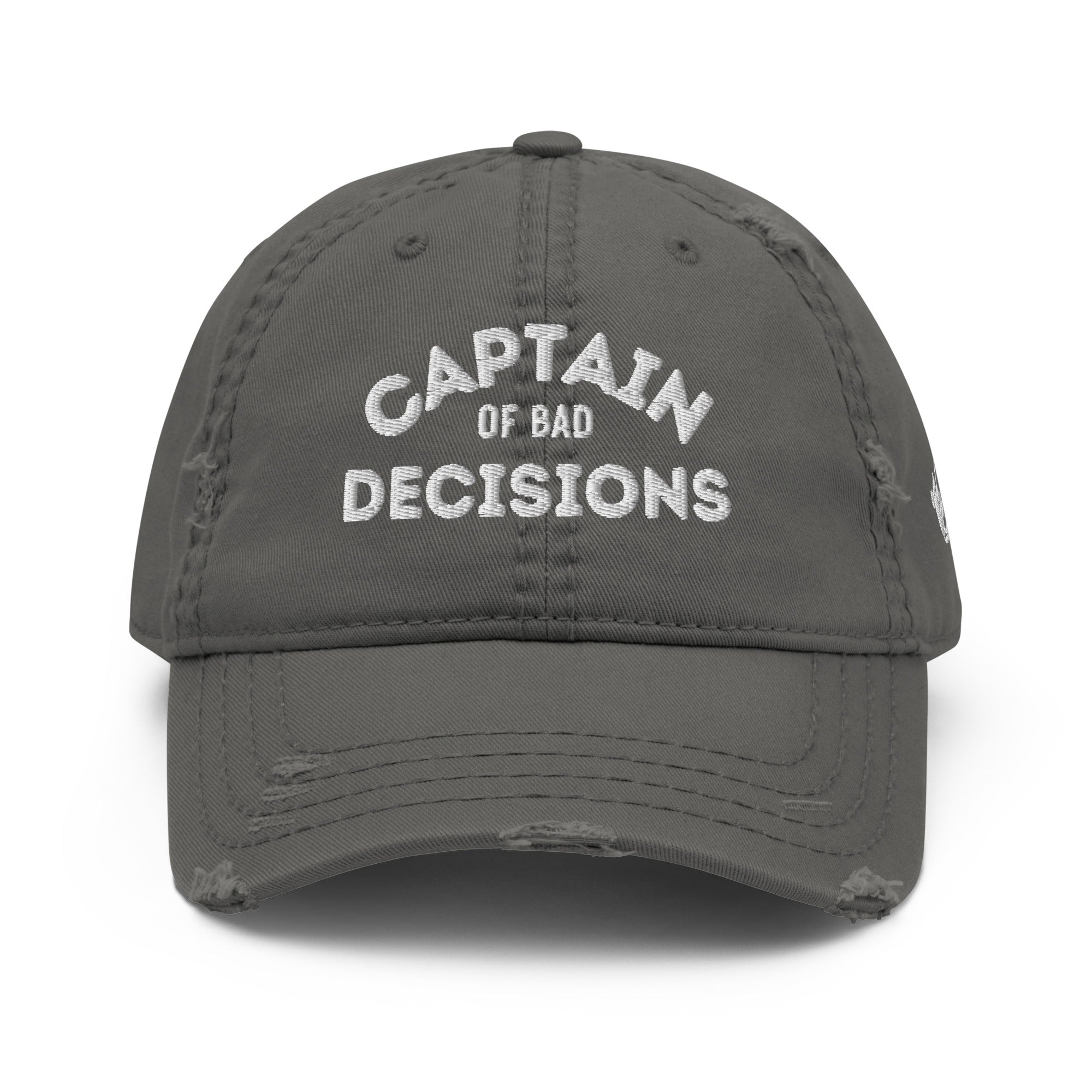 The Naughty Angler™ charcoal grey distressed dad hat featuring the embroidered white “Captain of Bad Decisions” design on the front, with a nautical adventure-inspired look.
