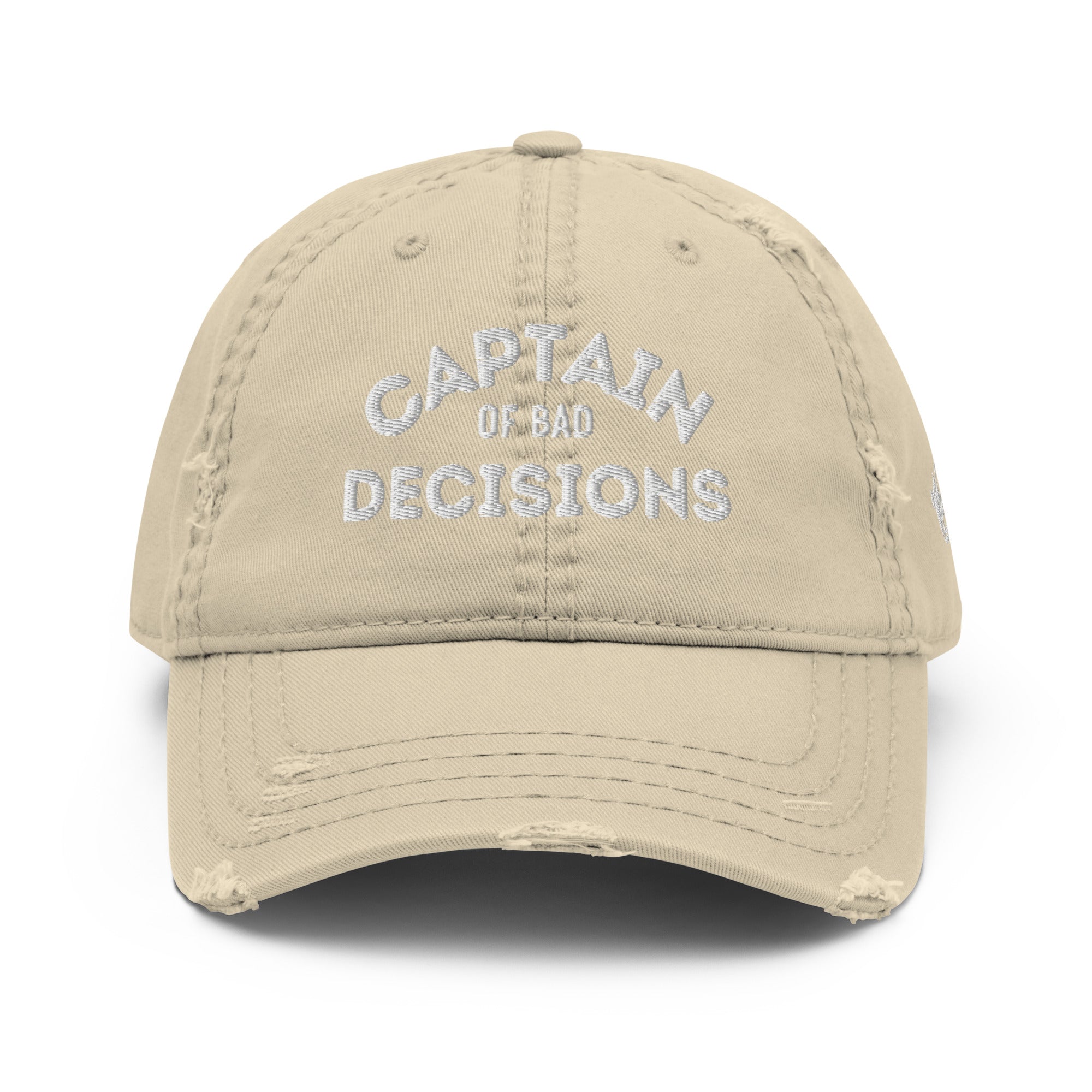The Naughty Angler™ khaki distressed dad hat showcasing the embroidered white “Captain of Bad Decisions” design on the front, perfect for boating and outdoor adventures.
