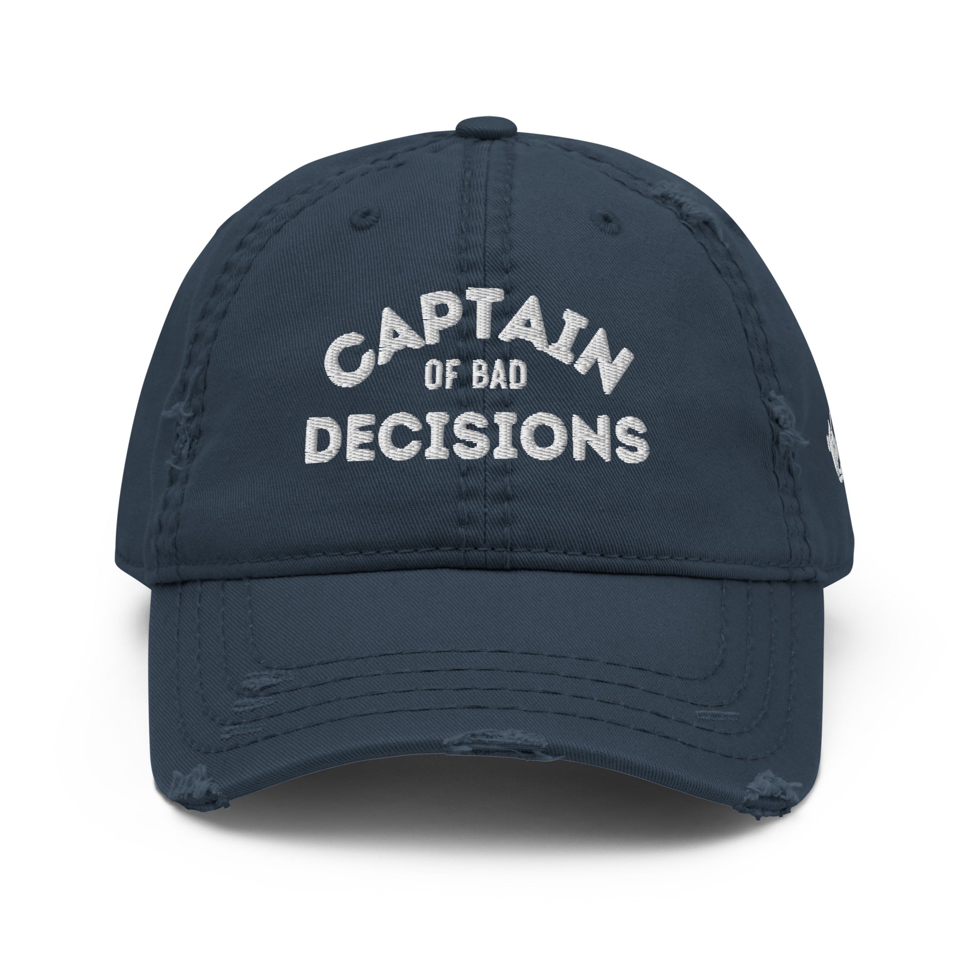 The Naughty Angler™ navy distressed dad hat with the embroidered white “Captain of Bad Decisions” front design, offering a clean nautical-inspired look.