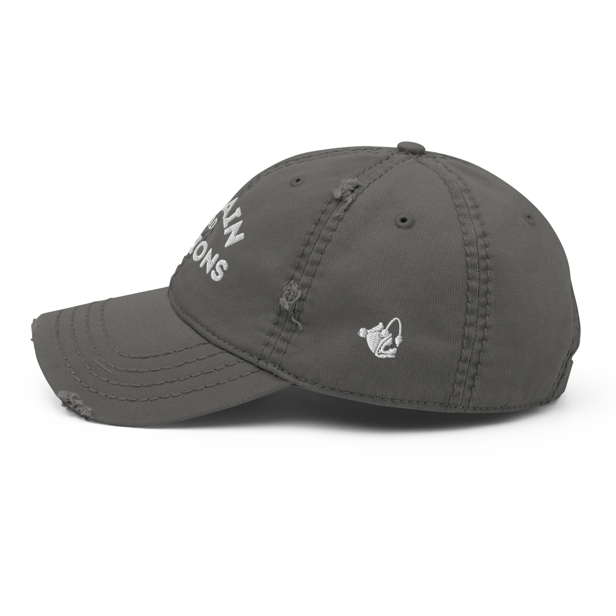 Side view of the charcoal grey distressed dad hat with embroidered white “Captain of Bad Decisions” text, showing the stitching detail and curved brim.