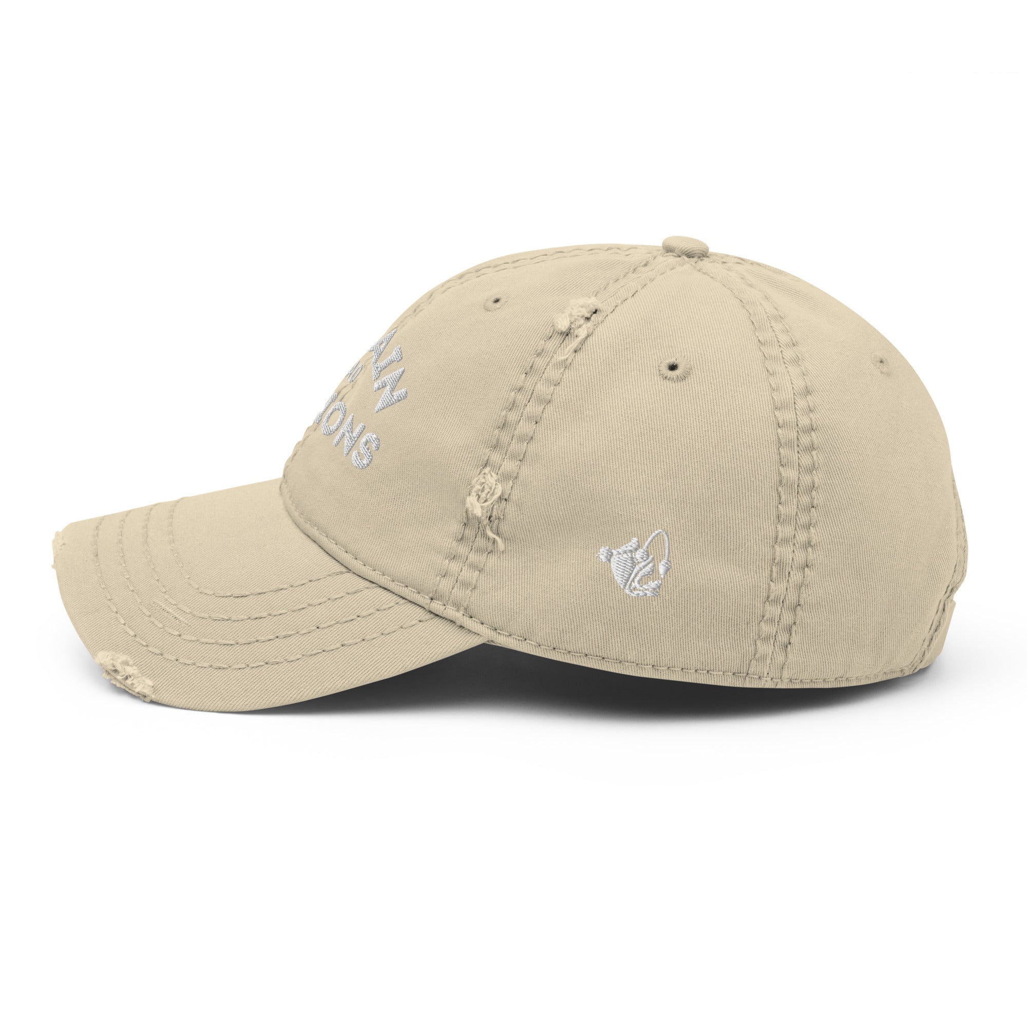 Side view of the khaki distressed dad hat with the embroidered white “Captain of Bad Decisions” text, highlighting the relaxed coastal style and stitching.