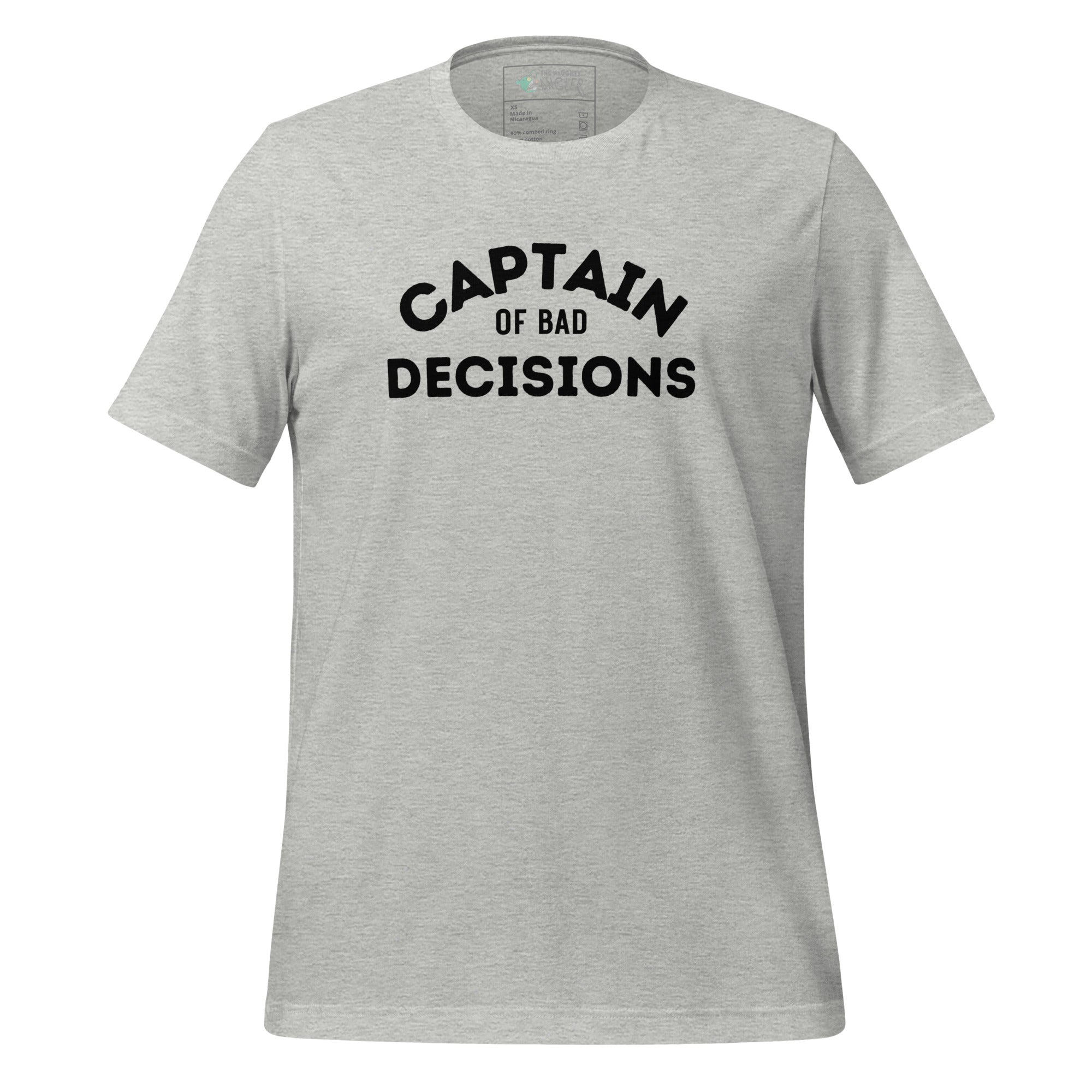 The Naughty Angler™ athletic heather unisex T-shirt featuring the “Captain of Bad Decisions” design on the front, offering a soft coastal-inspired look for everyday wear.