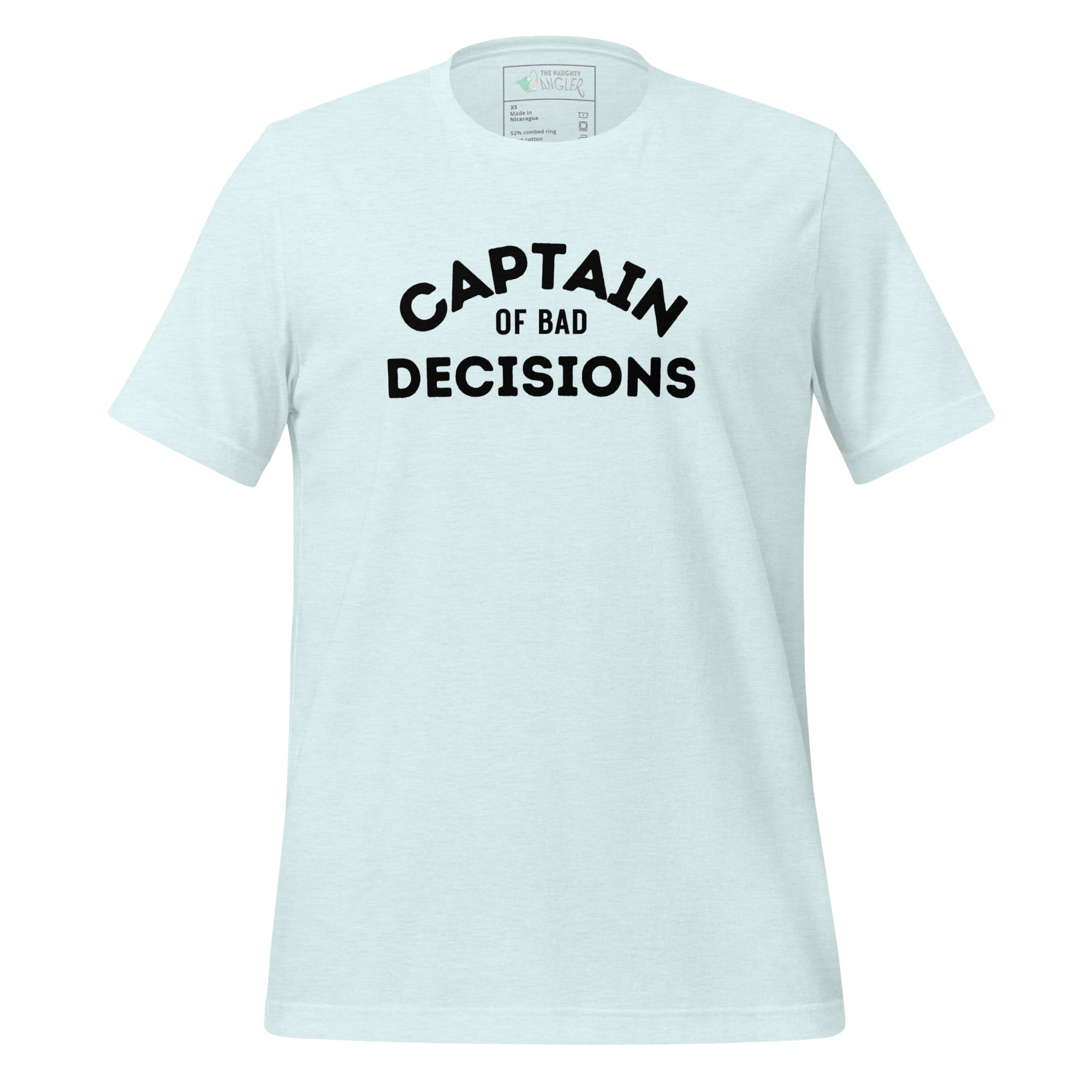 The Naughty Angler™ heather ice blue unisex T-shirt featuring the “Captain of Bad Decisions” front design, offering a fresh coastal look ideal for boating and beach adventures.
