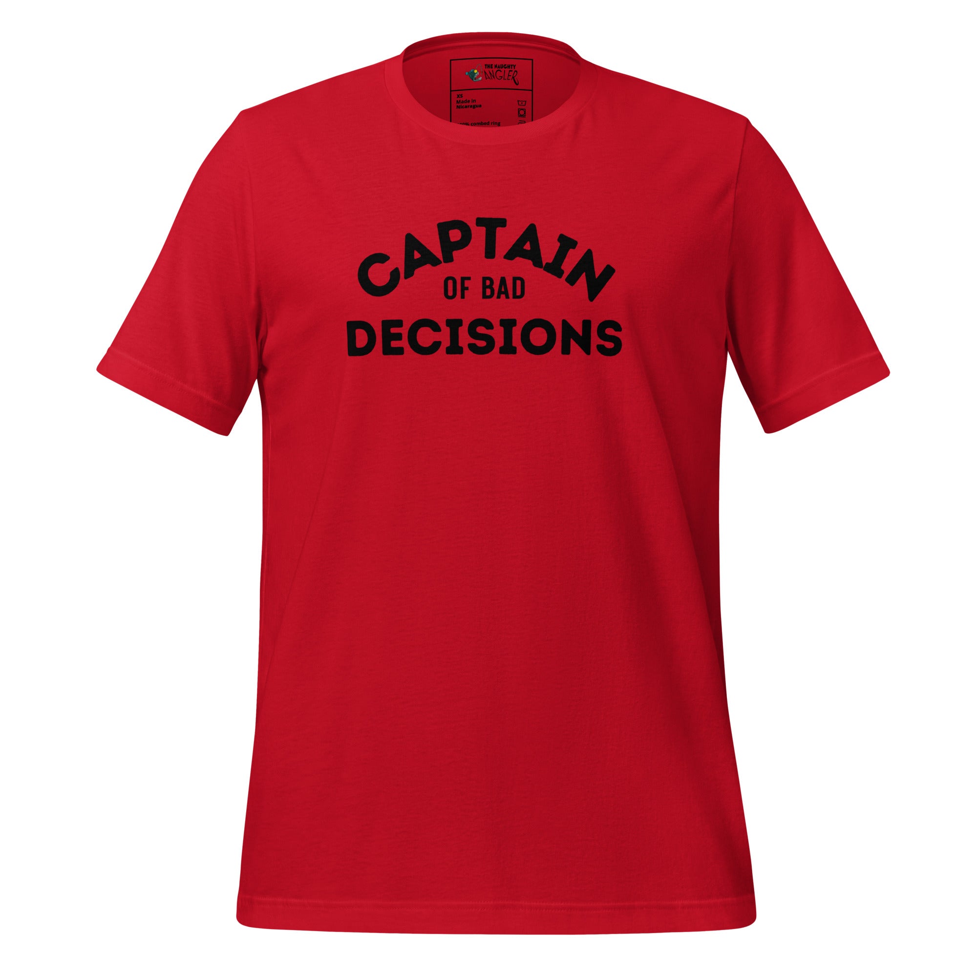 The Naughty Angler™ red unisex T-shirt featuring the “Captain of Bad Decisions” front design in bold lettering, perfect for nautical, coastal, and outdoor adventure lovers.