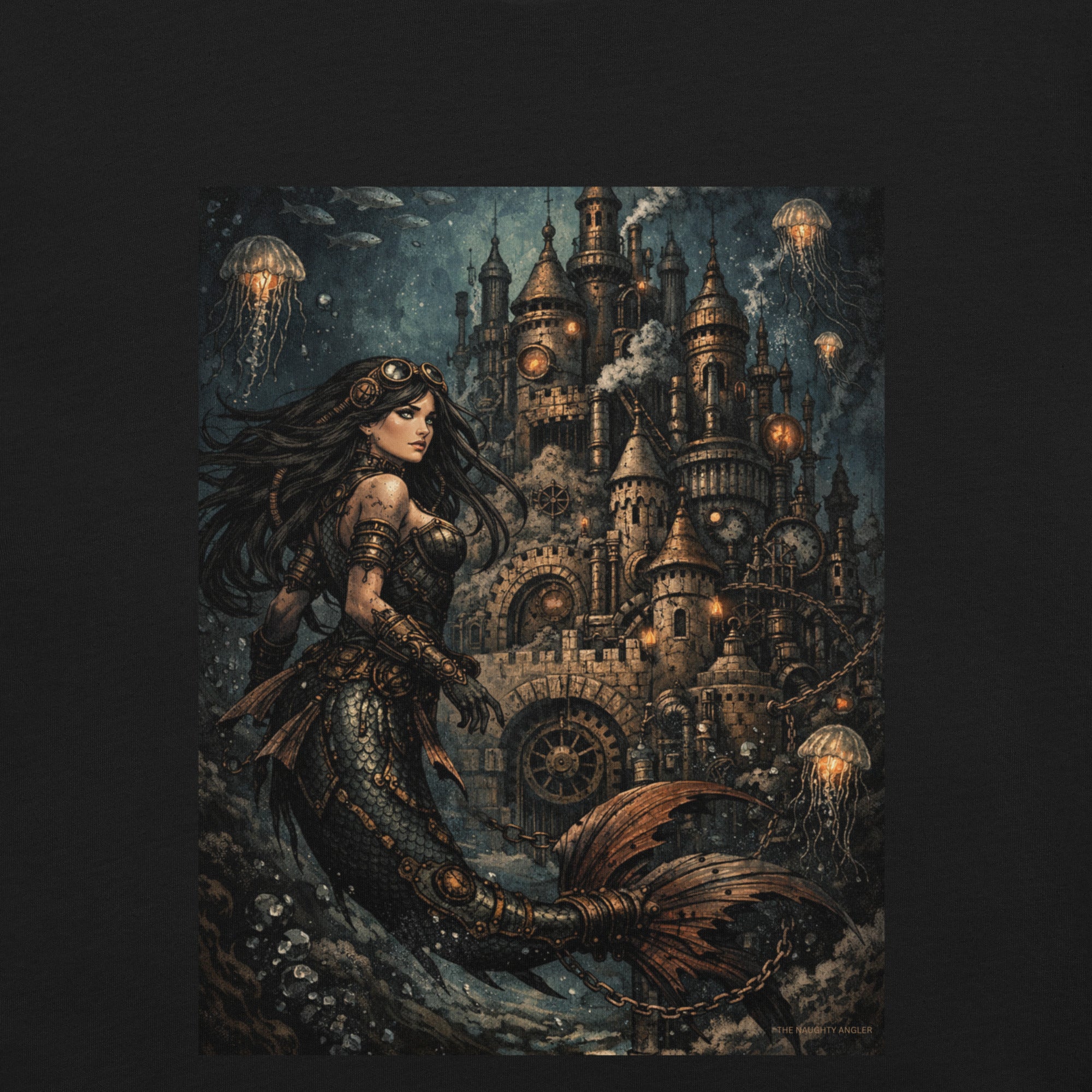 Close-up of steampunk mermaid artwork on a black unisex t-shirt showing vibrant DTF Flex print detail and nautical fantasy design
