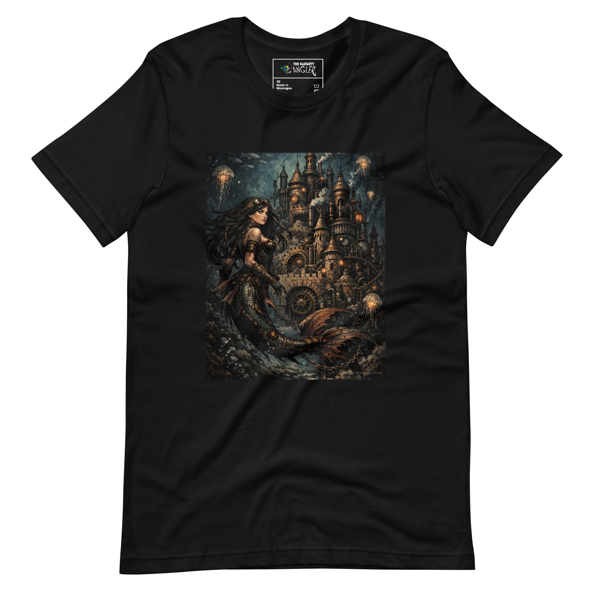 Front view of a black unisex steampunk mermaid graphic t-shirt featuring an underwater sandcastle empire, printed with vibrant DTF Flex

