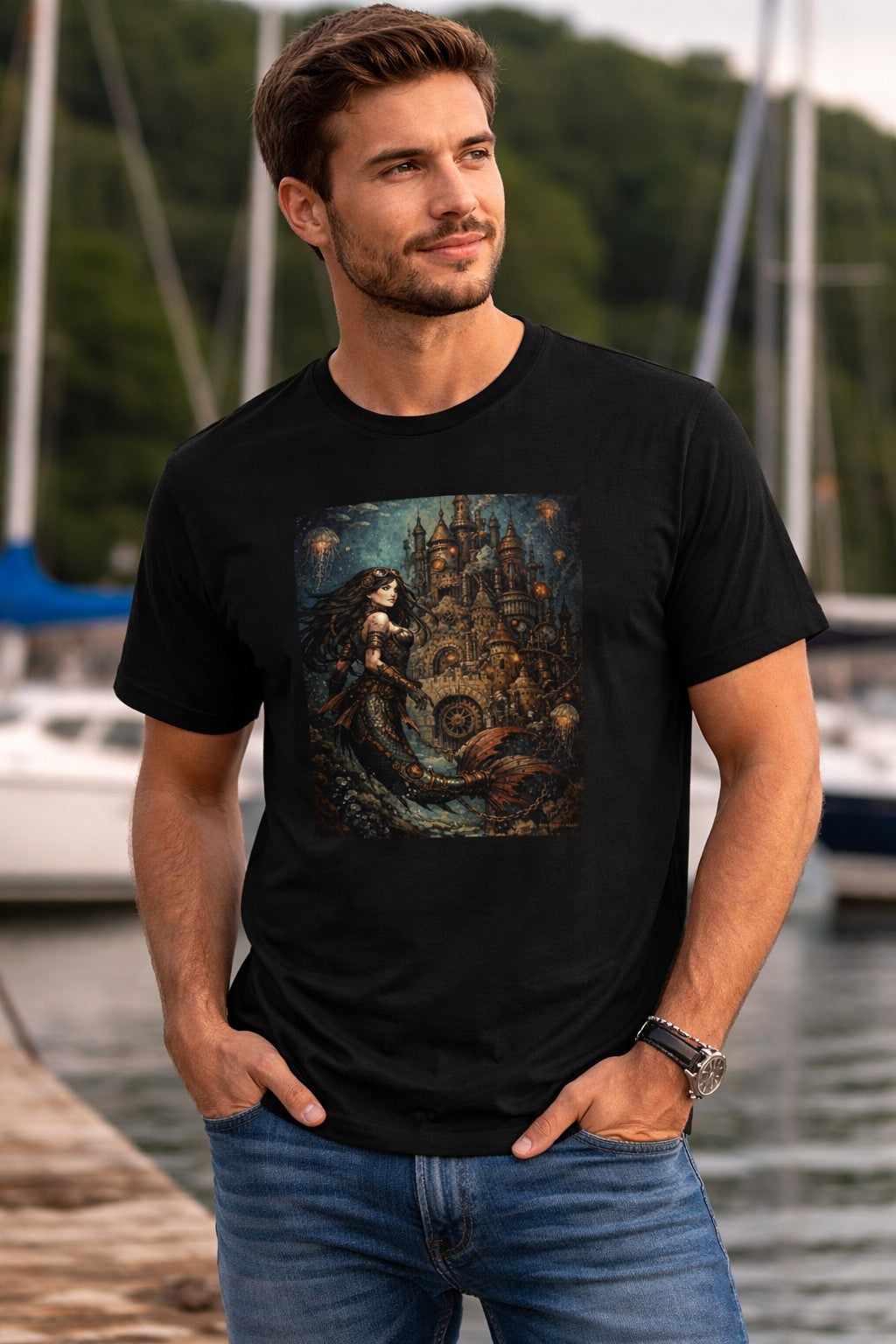 Male model wearing a black unisex steampunk mermaid graphic t-shirt featuring an underwater sandcastle empire, printed with vibrant DTF Flex
