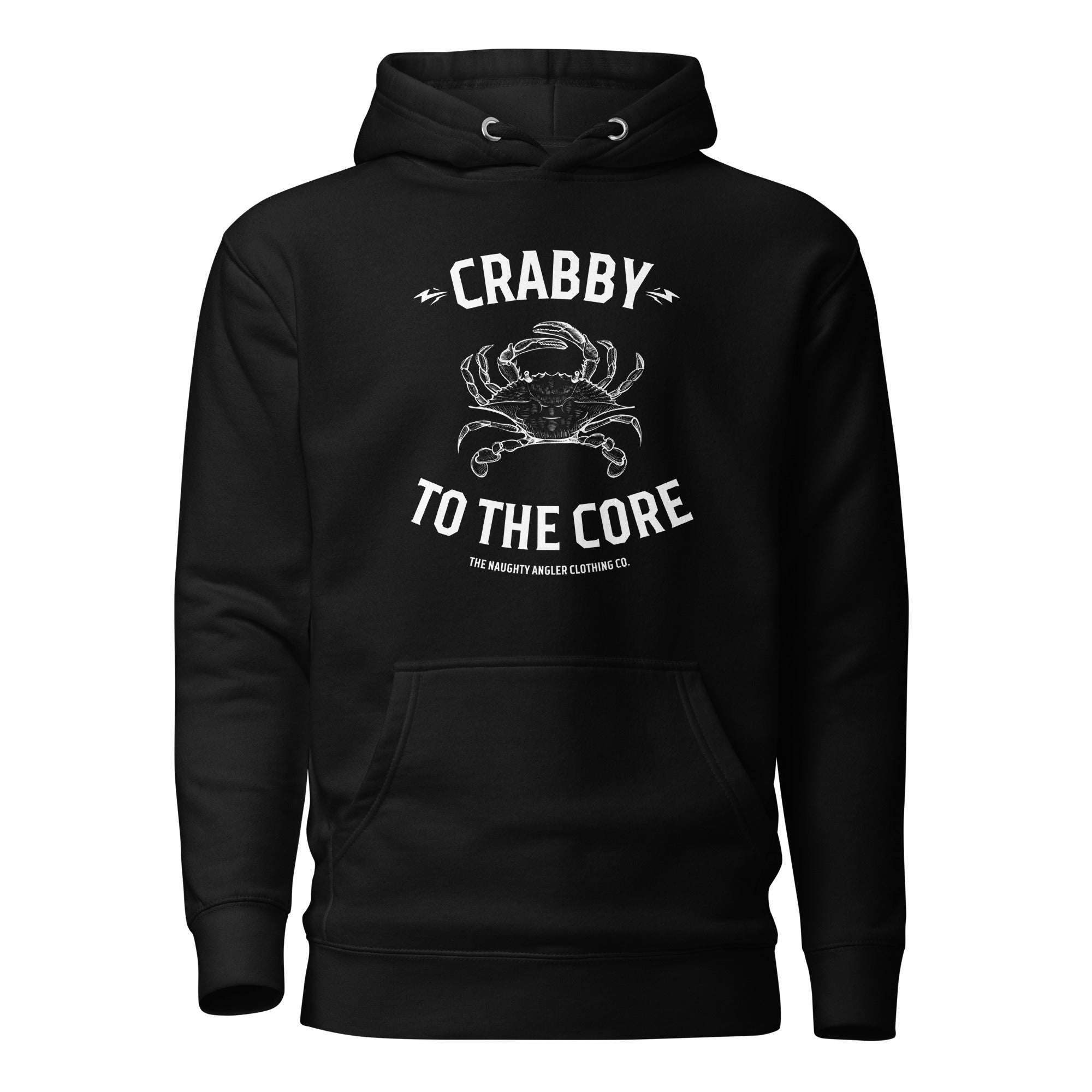 The Naughty Angler™ black unisex hoodie featuring the “Crabby to the Core” design with a fully white centered crab illustration and bold white lettering, creating a clean high-contrast nautical look.