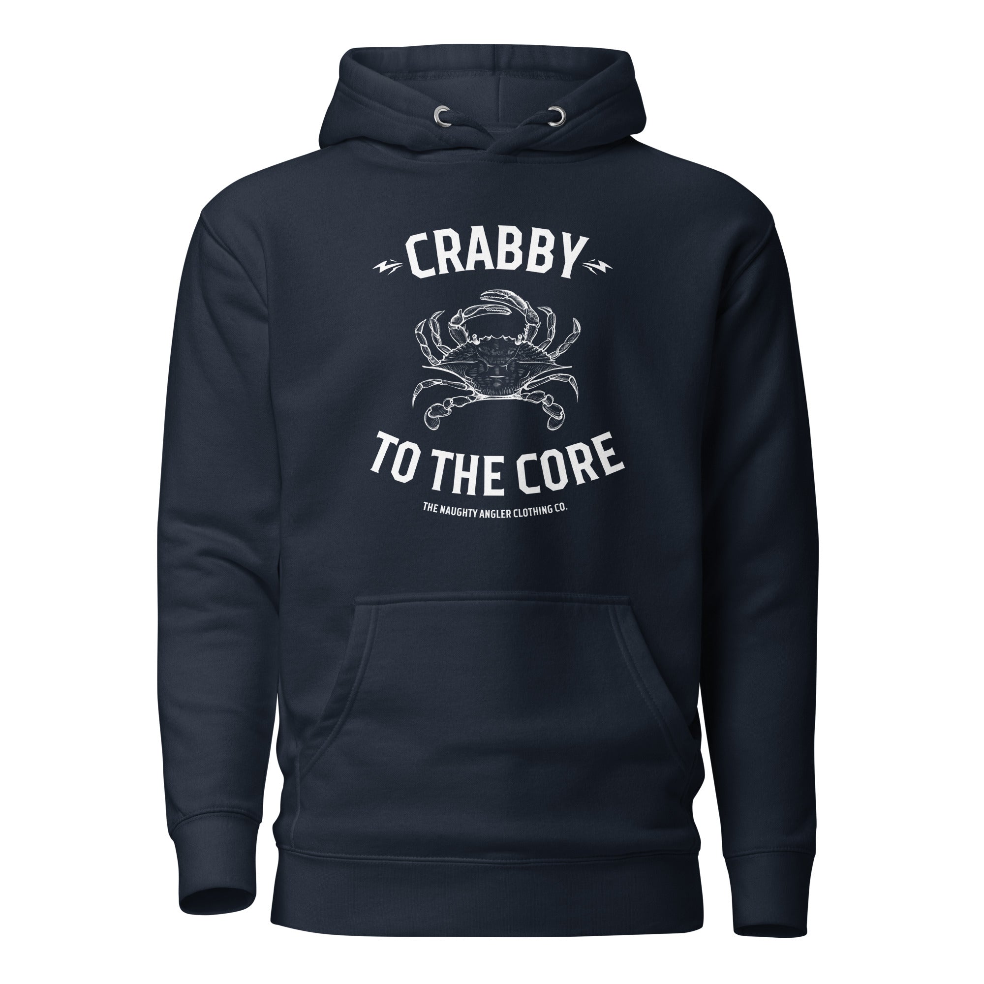 The Naughty Angler™ navy blazer unisex hoodie featuring the “Crabby to the Core” design with a centered white crab graphic and bold white lettering, perfect for nautical and outdoor enthusiasts.