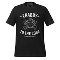 The Naughty Angler™ black heather unisex T-shirt featuring the “Crabby to the Core” front design with a fully white crab illustration and bold white lettering, perfect for nautical and coastal lifestyle fans.