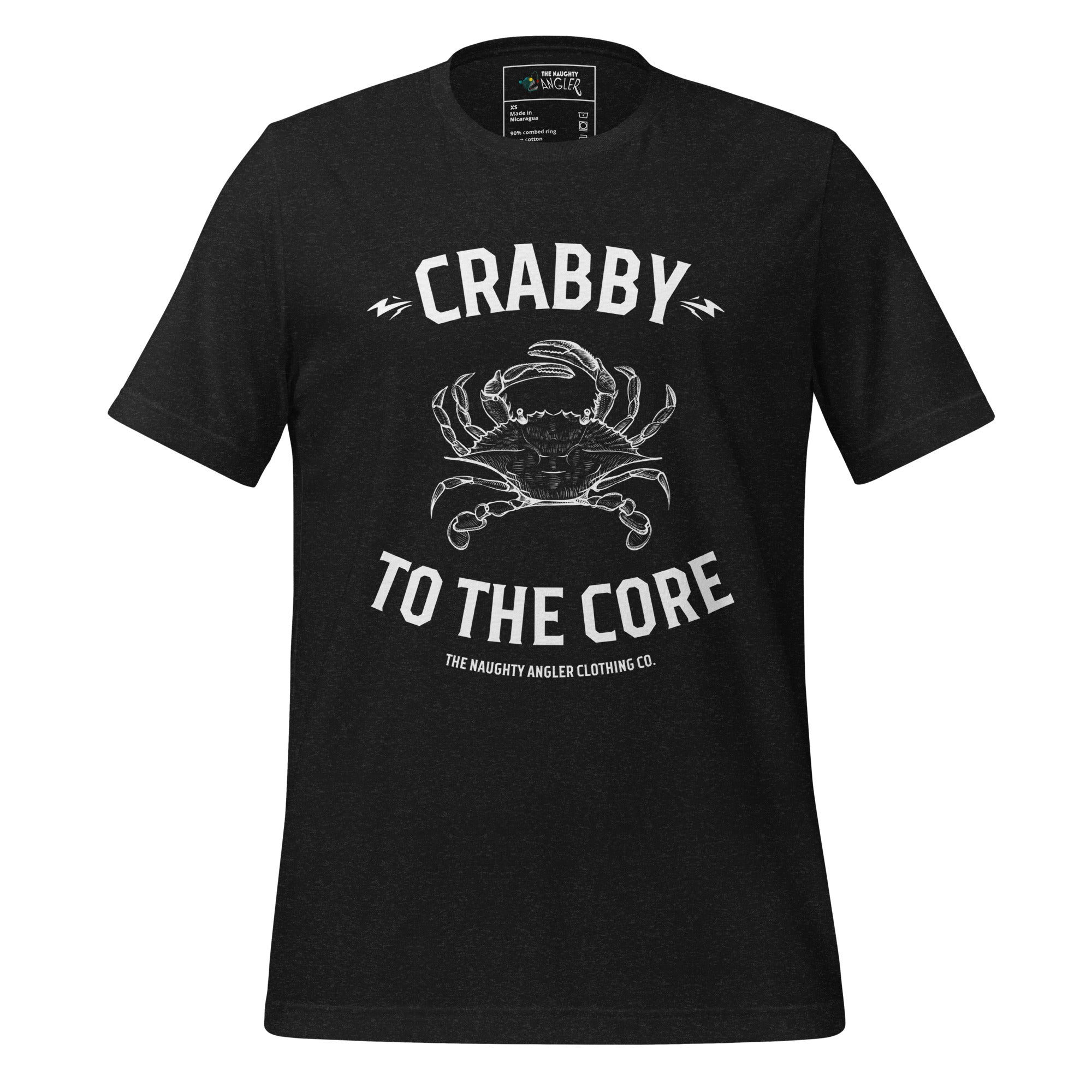 The Naughty Angler™ black heather unisex T-shirt featuring the “Crabby to the Core” front design with a fully white crab illustration and bold white lettering, perfect for nautical and coastal lifestyle fans.