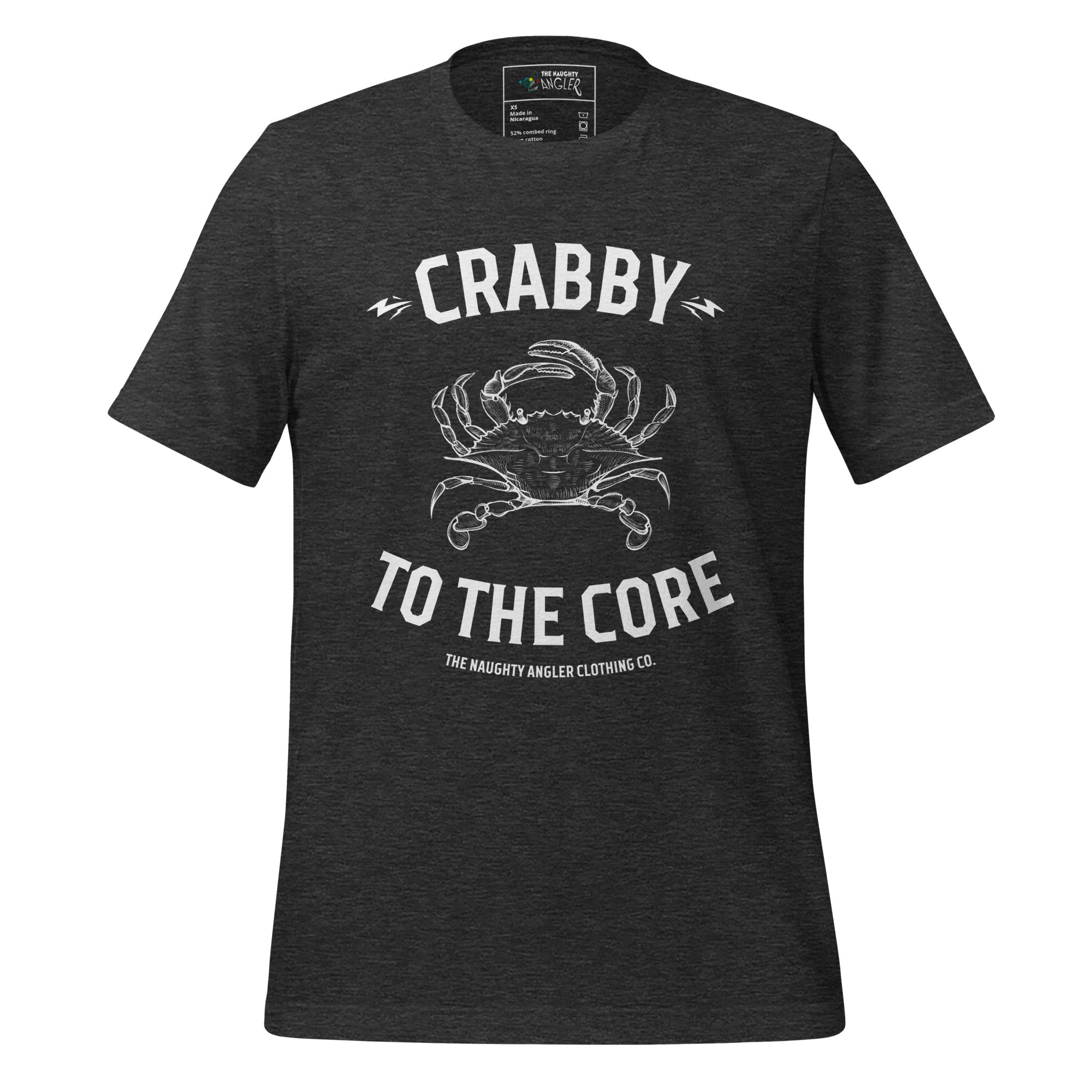 The Naughty Angler™ dark grey heather unisex T-shirt featuring the “Crabby to the Core” front graphic with a crisp white crab illustration and bold white lettering, ideal for coastal and outdoor adventure wear.