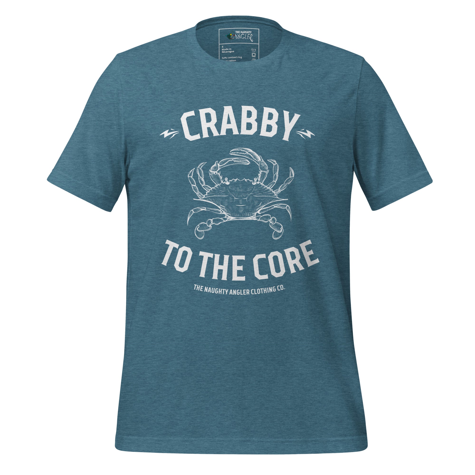 The Naughty Angler™ heather deep teal unisex T-shirt featuring the “Crabby to the Core” design with a fully white crab illustration and bold white lettering for a playful nautical-inspired style.