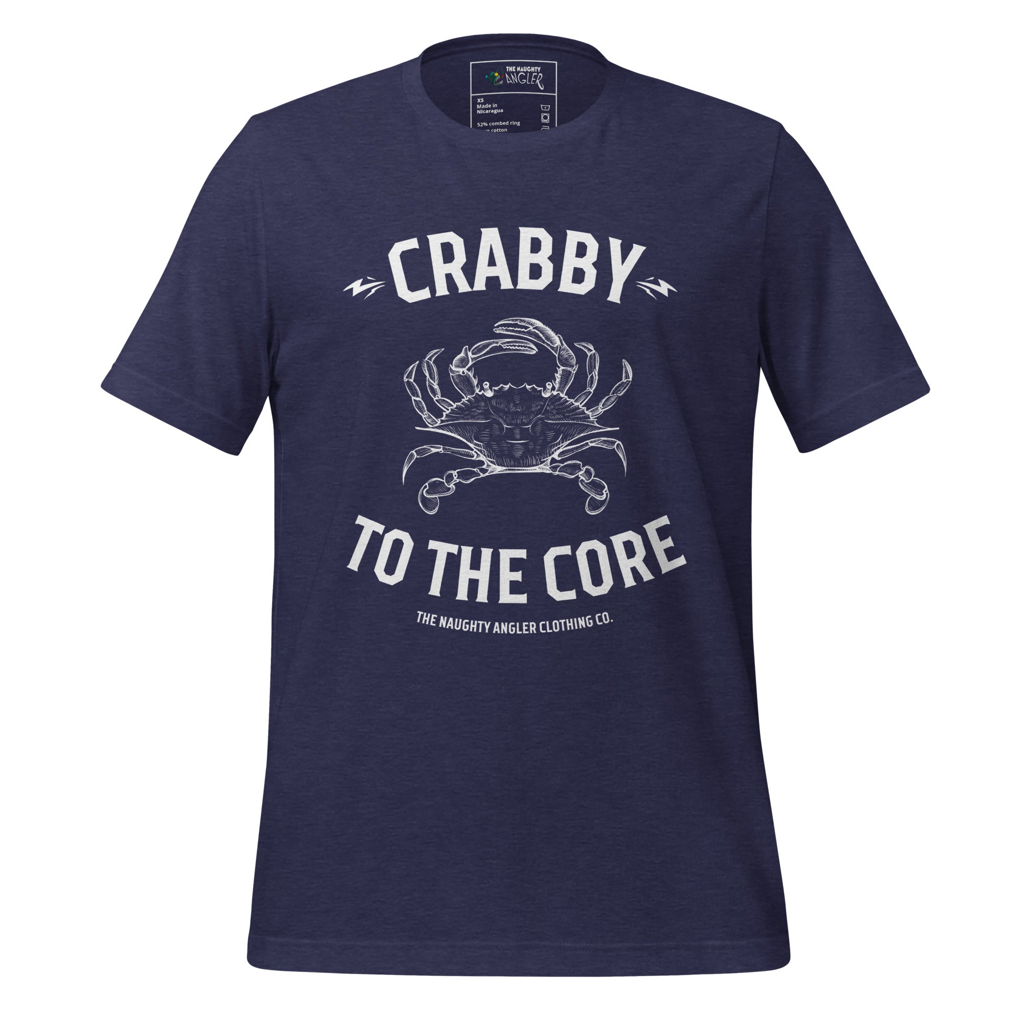 The Naughty Angler™ heather midnight navy unisex T-shirt showcasing the “Crabby to the Core” design with a white crab illustration centered on the chest and bold white lettering for a clean nautical look.