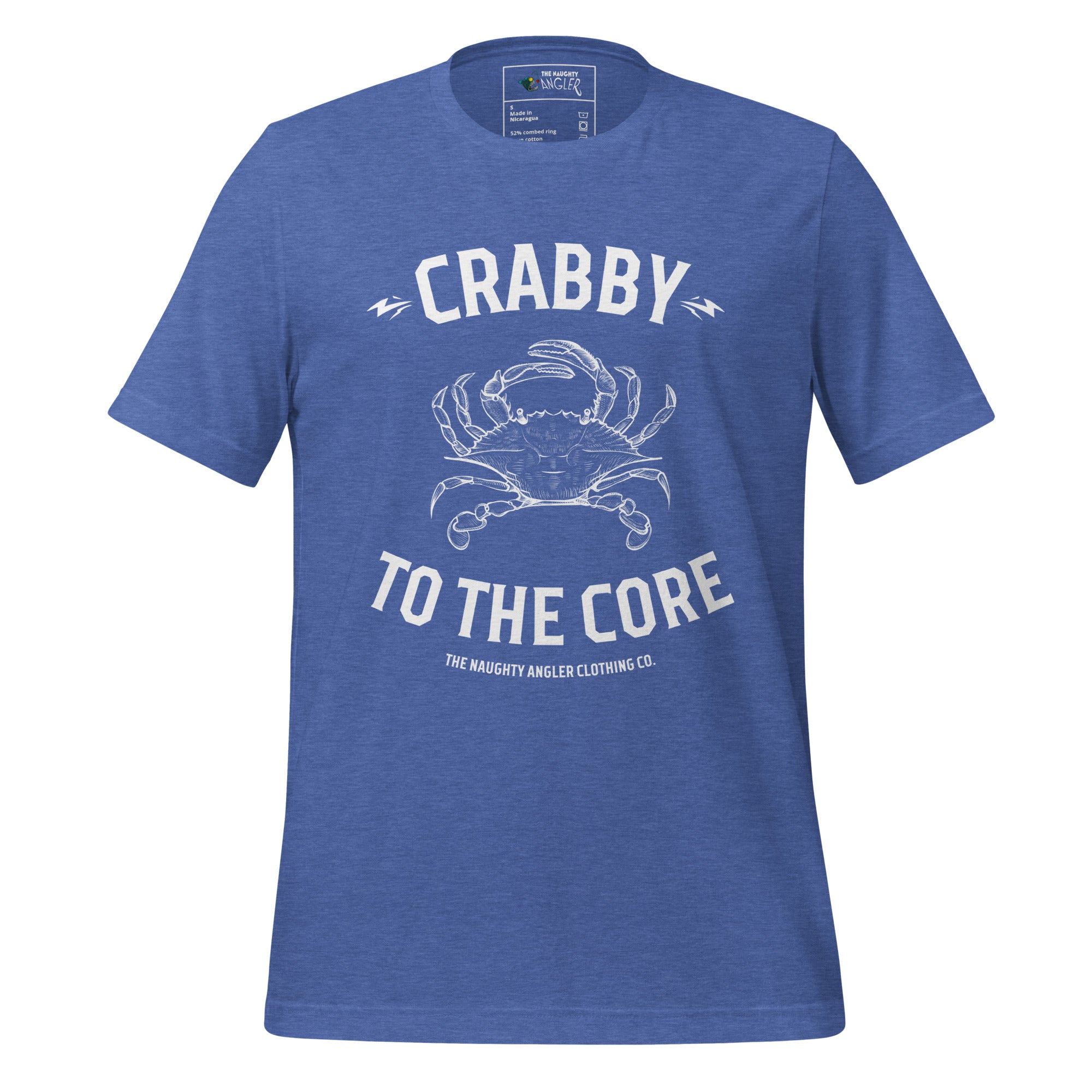 The Naughty Angler™ heather true royal unisex T-shirt showcasing the “Crabby to the Core” front design with a solid white crab illustration and bold white lettering, offering a clean coastal look.