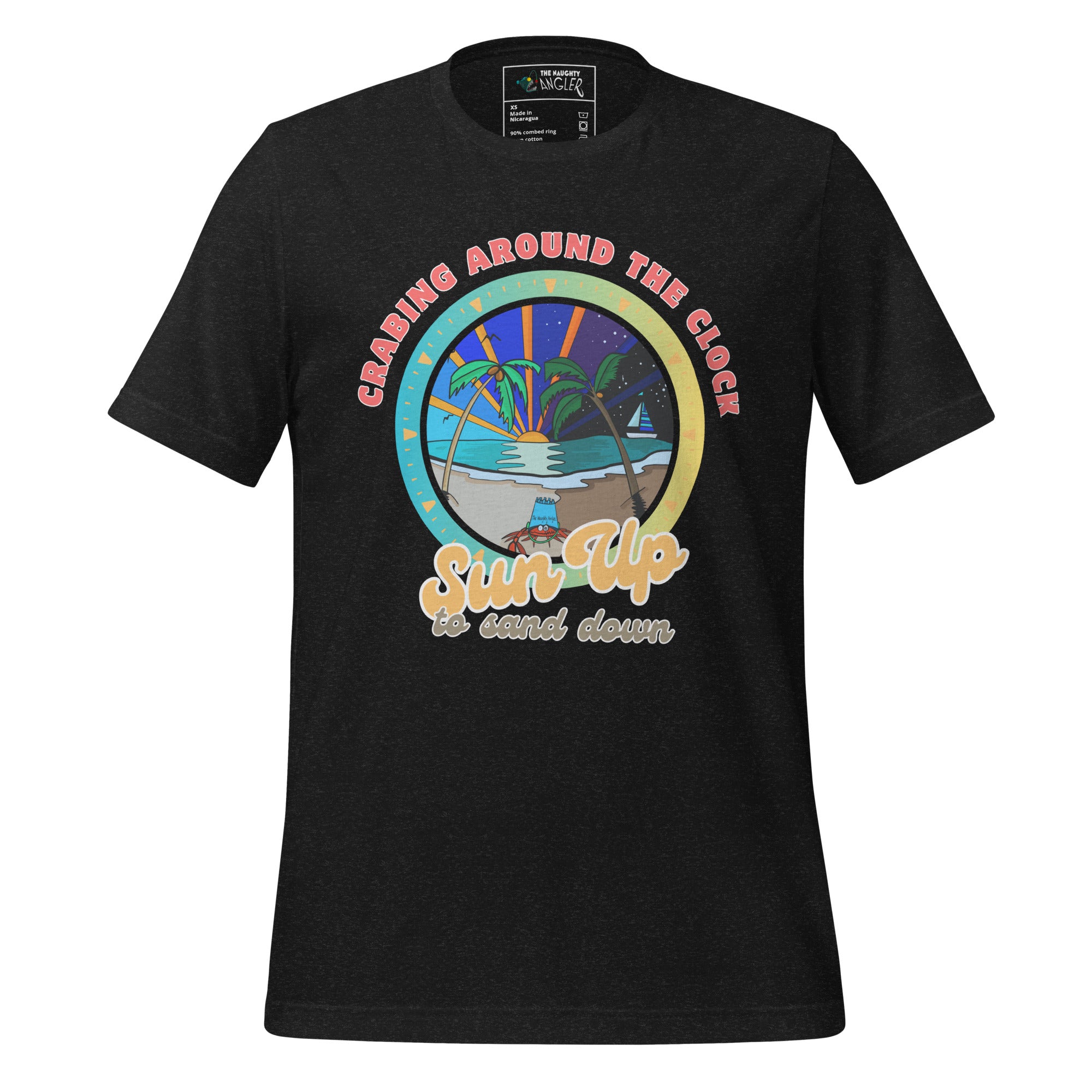 The Naughty Angler™ black heather unisex T-shirt showcasing the “Crabing Around the Clock Sun Up to Sand Down” front graphic with a vibrant cartoon crab wearing a blue bucket, palm trees, and a combined day–night beach setting.